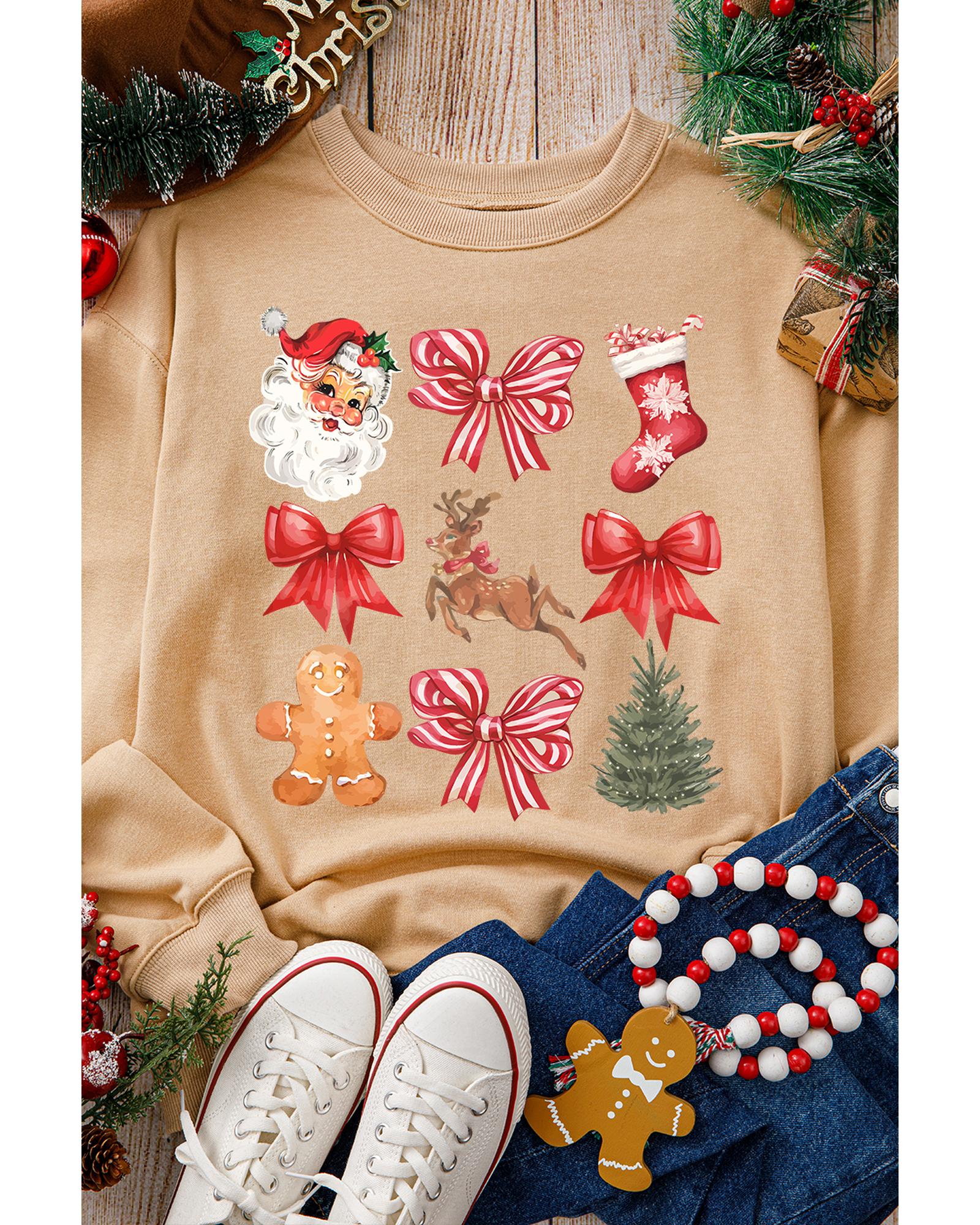 V539-AZEXDC25318877-16-L-202508281005-00 Khaki Christmas Pattern Graphic Crew Neck Sweatshirt - L - Image 1