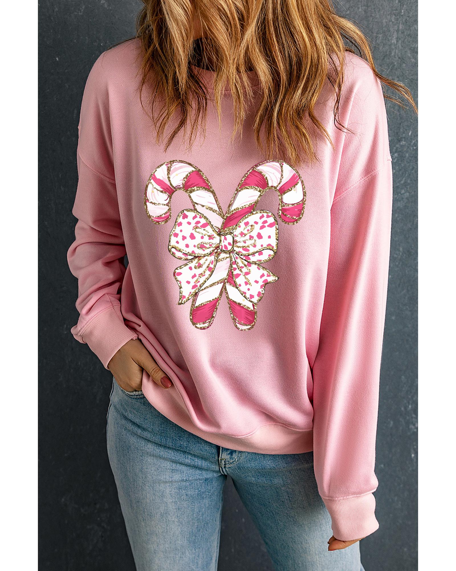 V539-AZEXDC25318878-10-XL-202508291920-00 Pink Christmas Bow Candy Cane Graphic Drop Shoulder Crew Neck Sweatshirt - XL - Image 1
