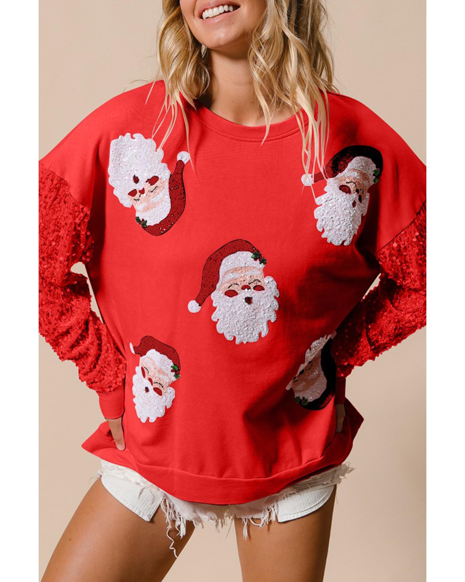 V539-AZEXDC25318884-P3-M-202508300425-00 Fiery Red Sequined Santa Claus Long Sleeve Christmas Sweatshirt - M - Image 1