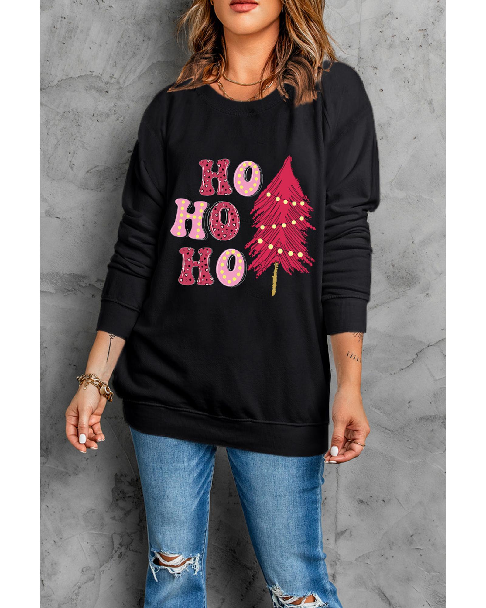 V539-AZEXDC25318891-2-L-202508291700-00 Black HO HO HO Christmas Tree Graphic Pullover Sweatshirt - L - Image 1