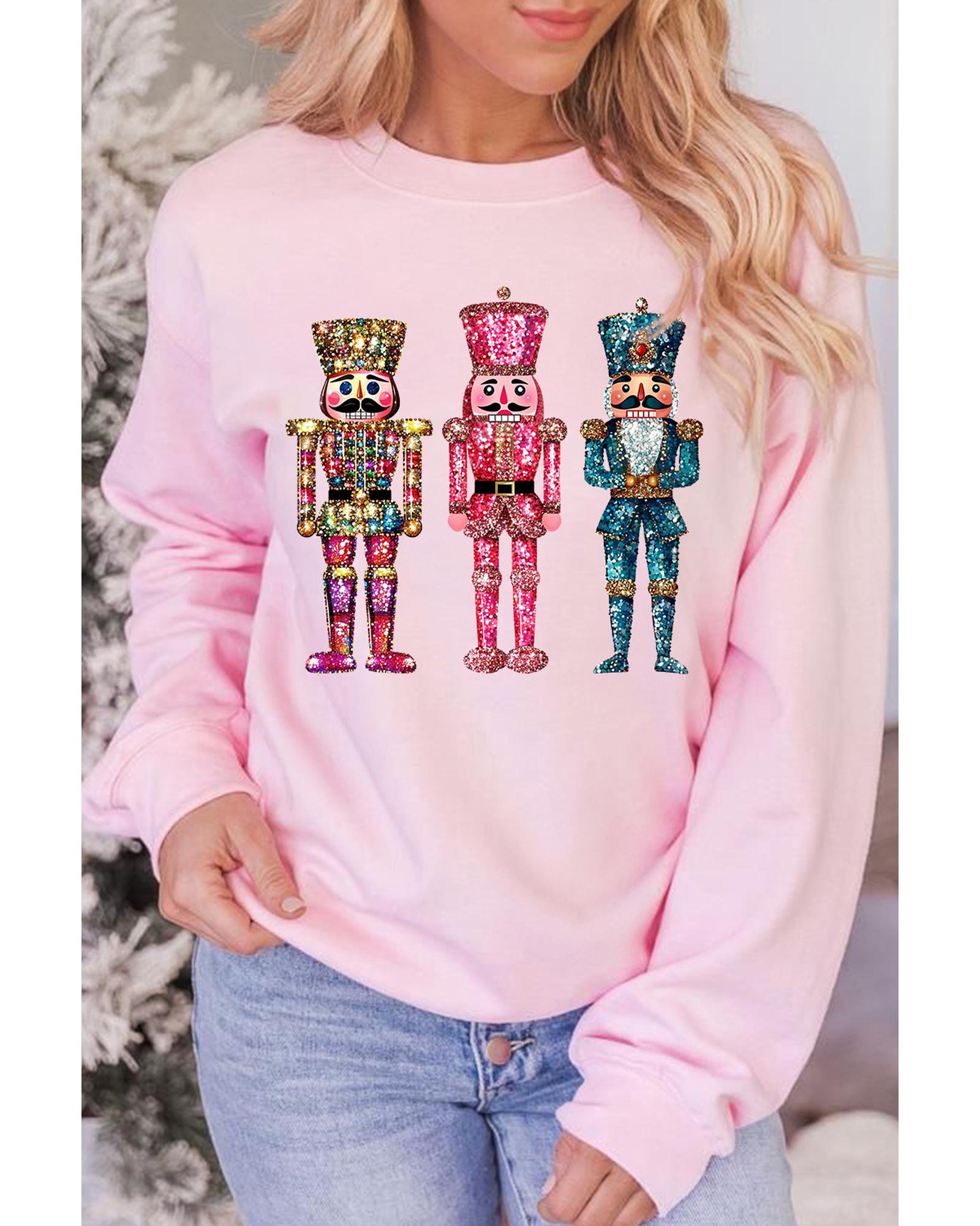 V539-AZEXDC25318898-10-S-202508300320-00 Pink Shimmer Nutcracker Graphic Christmas Pullover Sweatshirt - S - Image 1