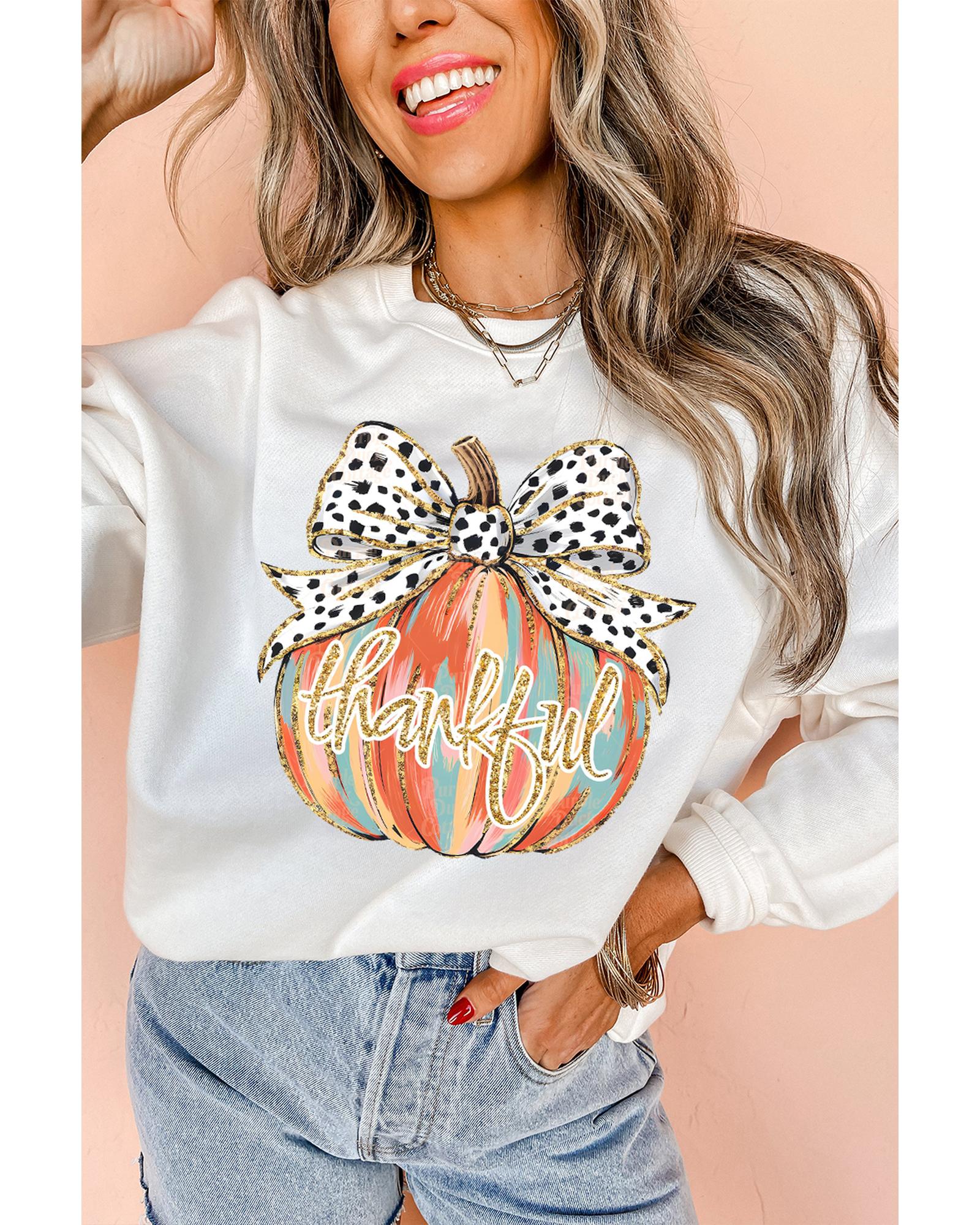 V539-AZEXDC25318968-15-XL-202508290155-00 Beige Polka Dot Bow Knot Pumpkin Print Thanksgiving Sweatshirt - XL - Image 1