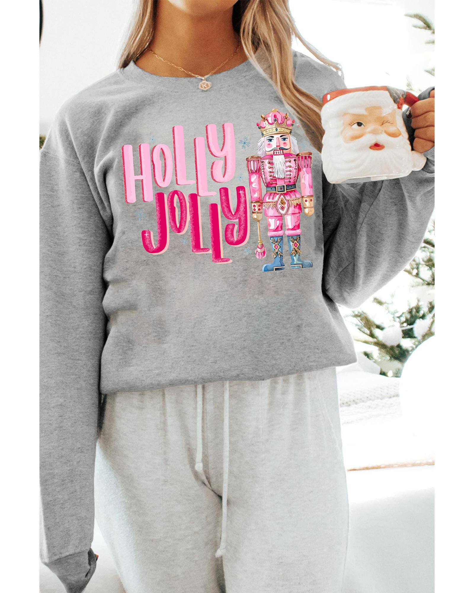 V539-AZEXDC25318974-11-S-202506130821-00 Gray HOLLY JOLLY Nutcracker Print Crew Neck Christmas Sweatshirt - S - Image 1