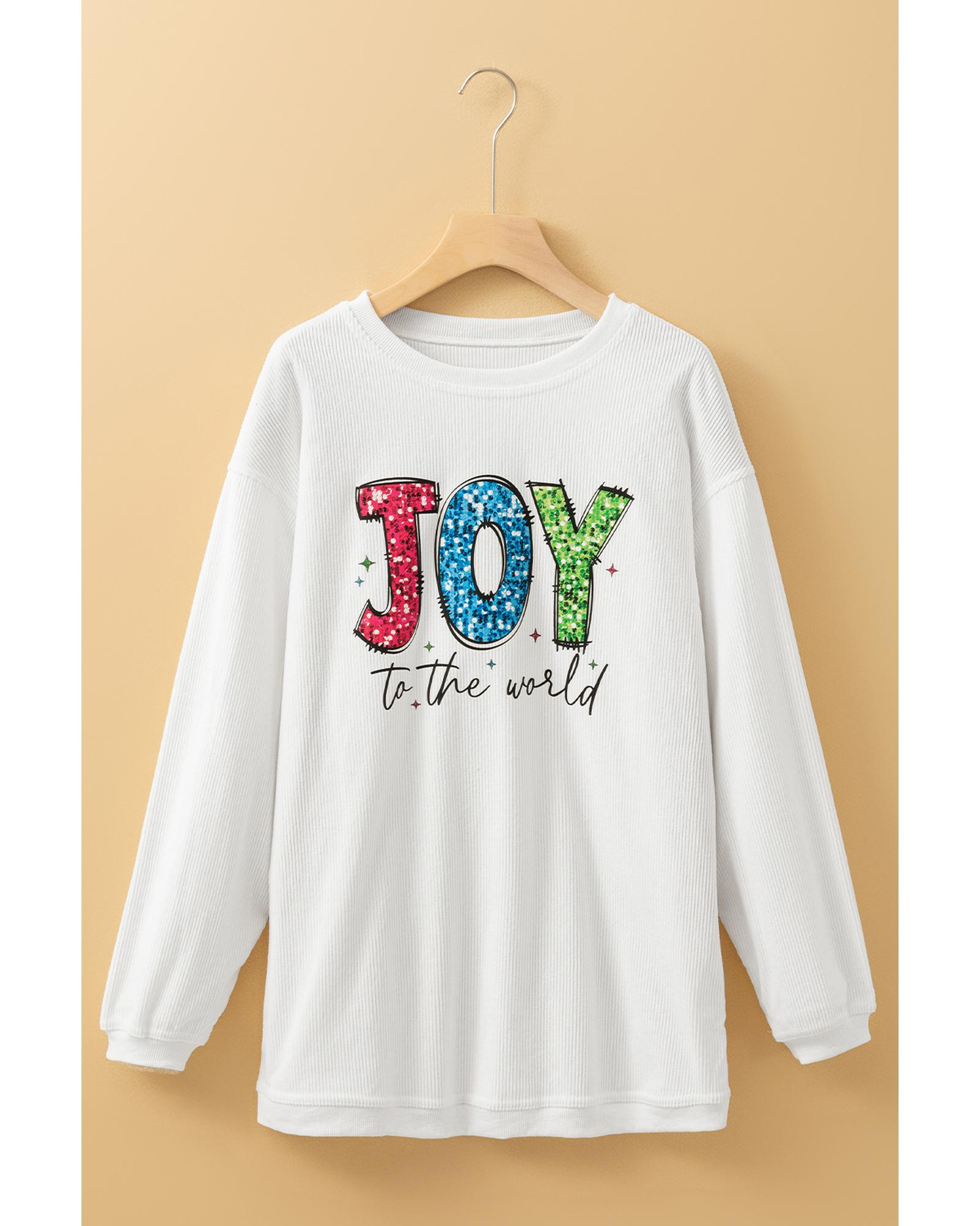 V539-AZEXDC25318977-P1-M-202508280800-00 White JOY to the world Ribbed Crewneck Pullover Sweatshirt - M - Image 1