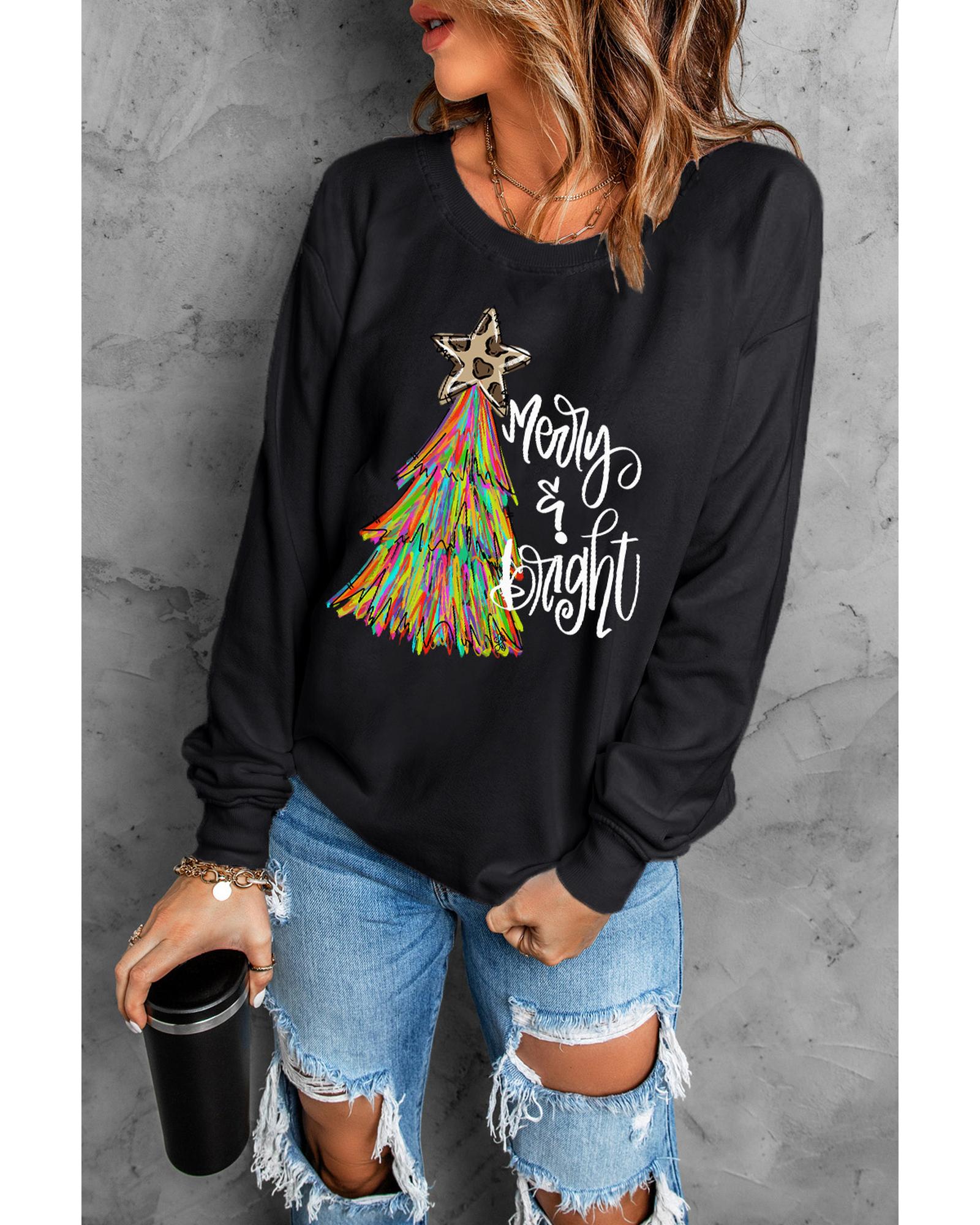 V539-AZEXDC25318986-2-S-202506130831-00 Black Merry & Bright Christmas Tree Graphic Sweatshirt - S - Image 1