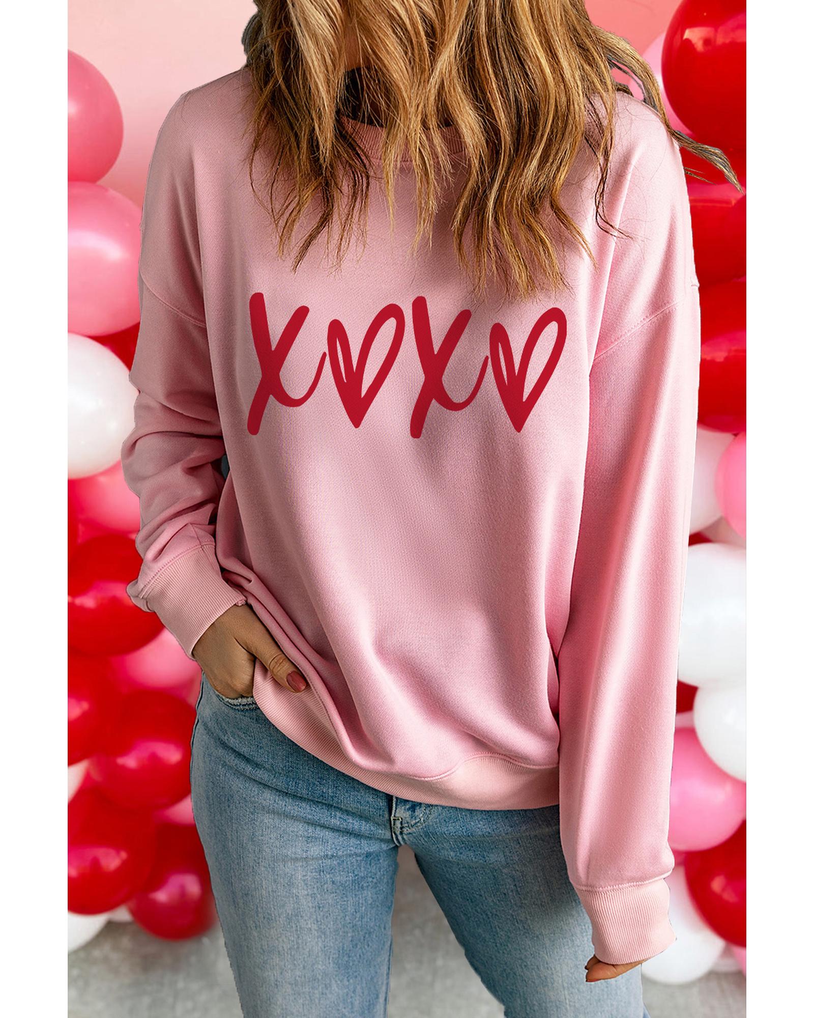 V539-AZEXDC25319155-10-L-202508291940-00 Pink Heart XOXO Graphic Crewneck Drop Shoulder Valentines Sweatshirt - L - Image 1