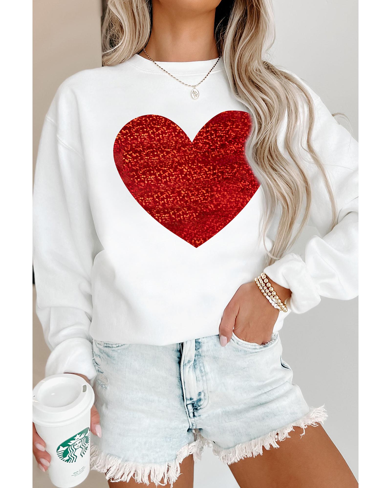 V539-AZEXDC25319160-15-L-202508280735-00 Beige Glitter Valentine Heart Shape Graphic Sweatshirt - L - Image 1
