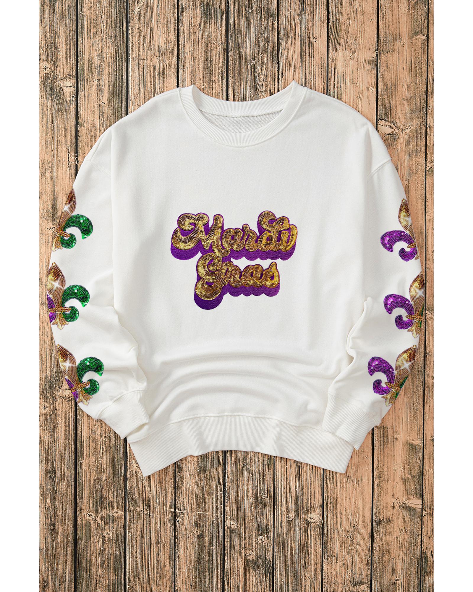 V539-AZEXDC25319163-15-M-202508290025-00 Beige Sequin Mardi Gras Patched Pattern Fleur de Lis Sleeve Sweatshirt - M - Image 1