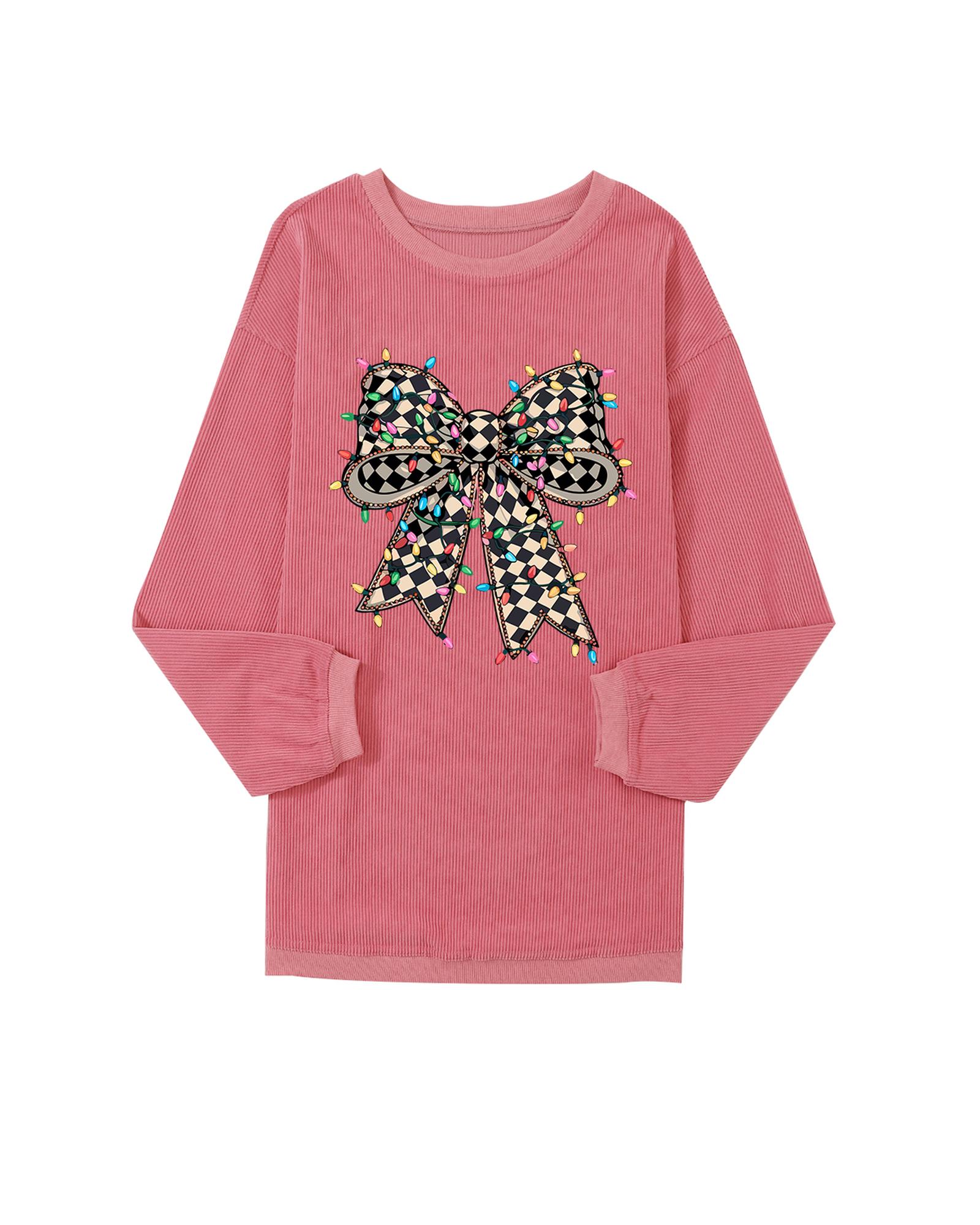 V539-AZEXDC25319193-P306-S-202506131027-00 Strawberry Pink Checkered Bow Print Ribbed Crew Neck Pullover Sweatshirt - S - Image 1