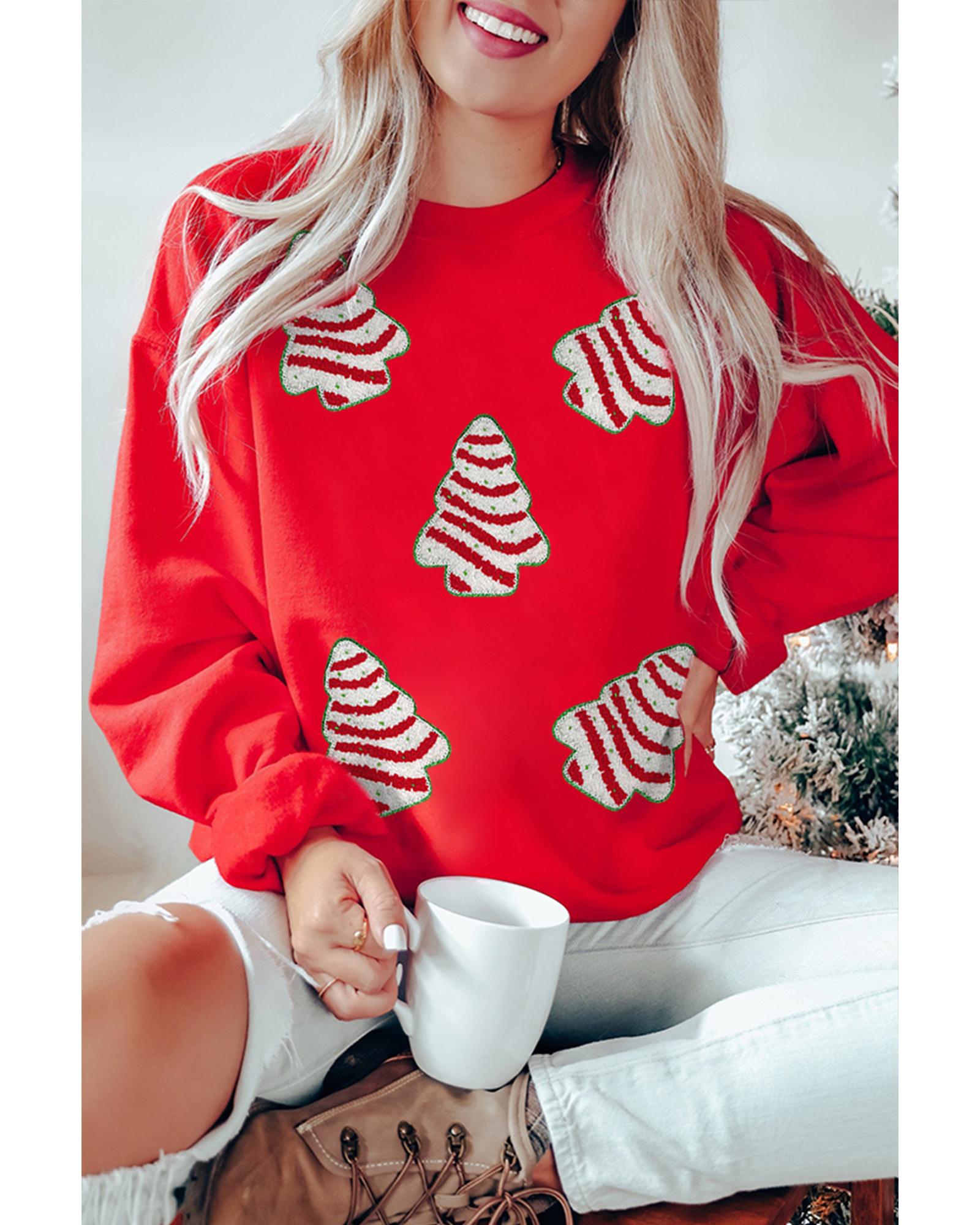 V539-AZEXDC25319213-3-XL-202508280010-00 Red Playful Christmas Tree Patched Dropped Shoulder Sweatshirt - XL - Image 1