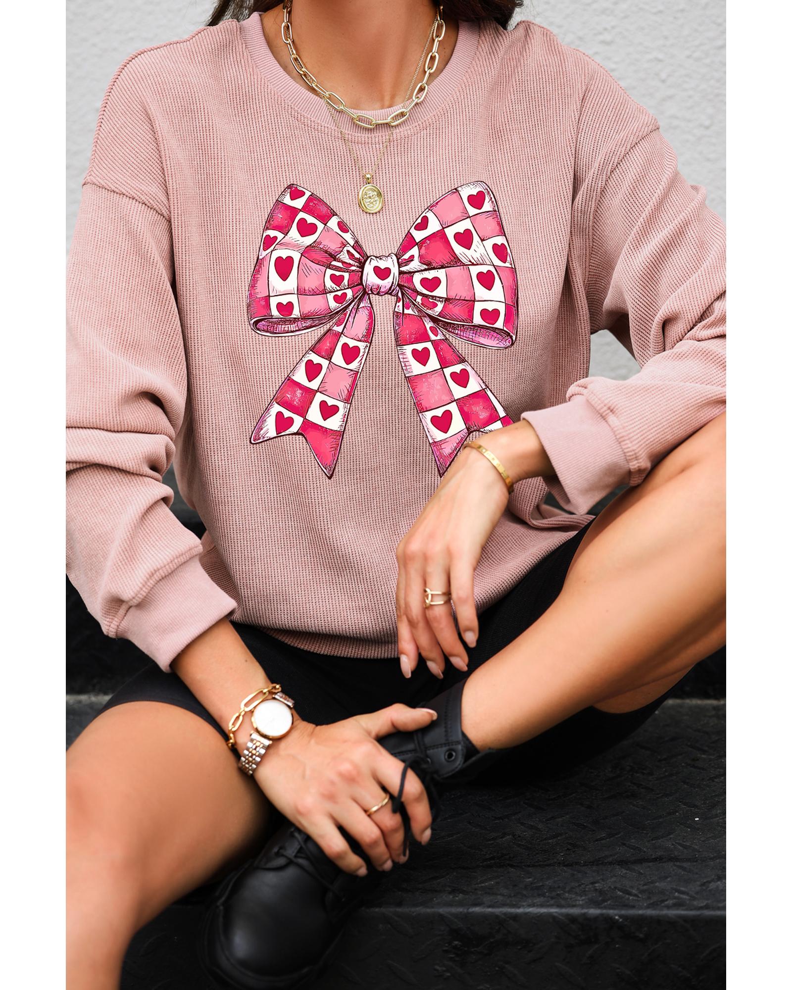 V539-AZEXDC25319238-10-L-202508271140-00 Pink Valentines Heart Checkered Bow Pattern Corded Baggy Sweatshirt - L - Image 1