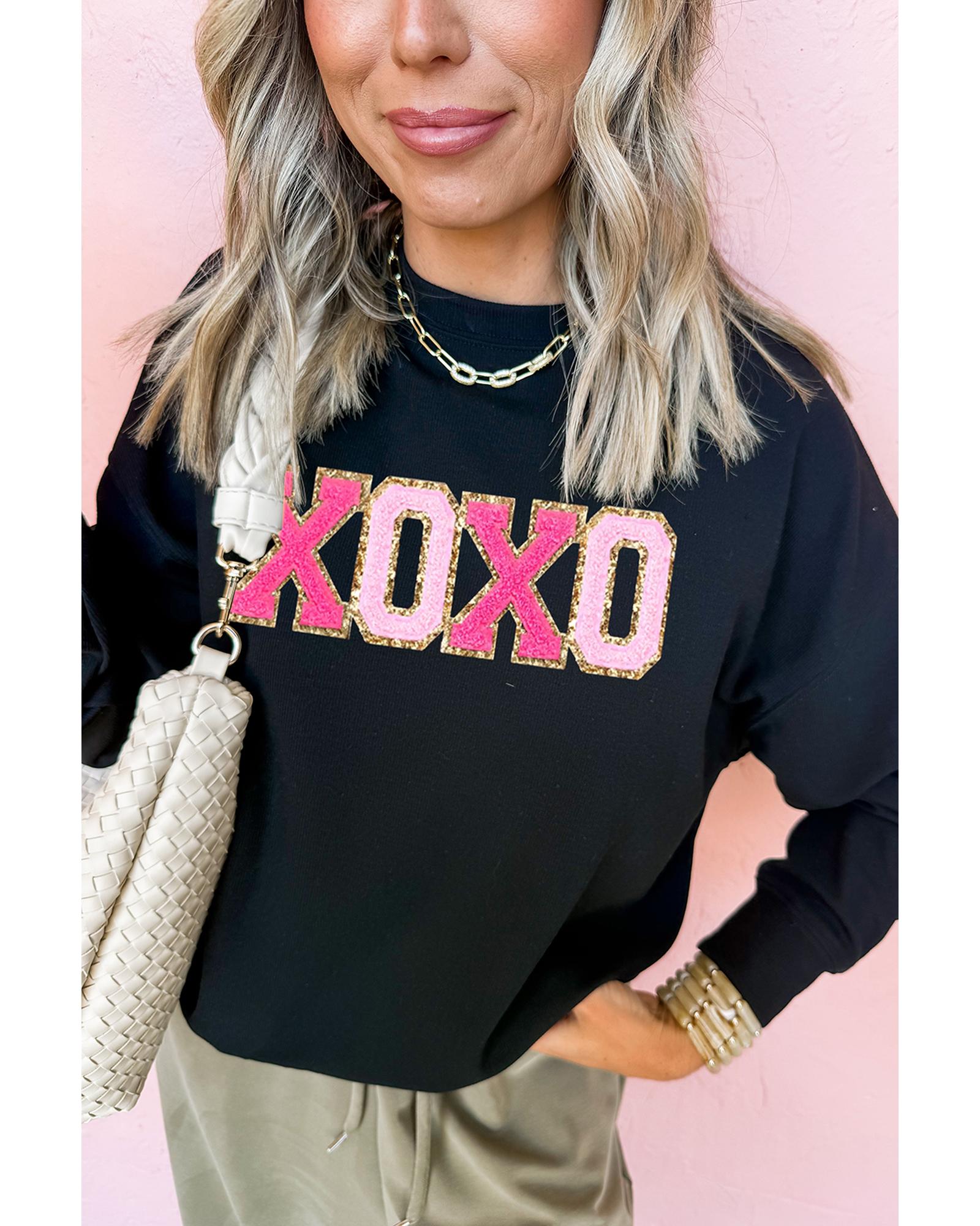 V539-AZEXDC25319269-2-L-202508281250-00 Black Chenille XOXO Patched Drop Shoulder Valentines Pullover Sweatshirt - L - Image 1