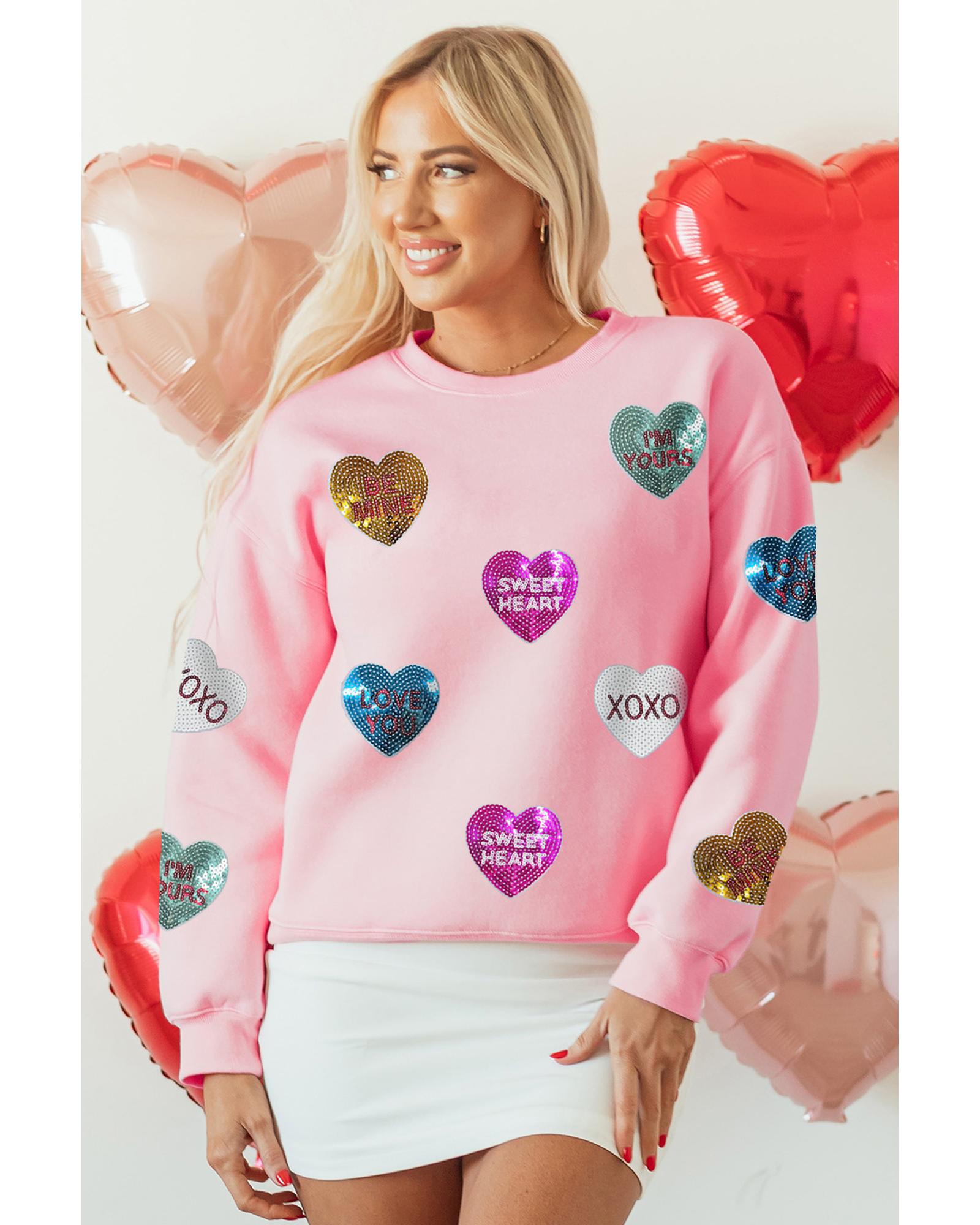 V539-AZEXDC25319306-10-XL-202508300630-00 Pink Sequin Romantic Letters Heart Graphic Valentines Sweatshirt - XL - Image 1