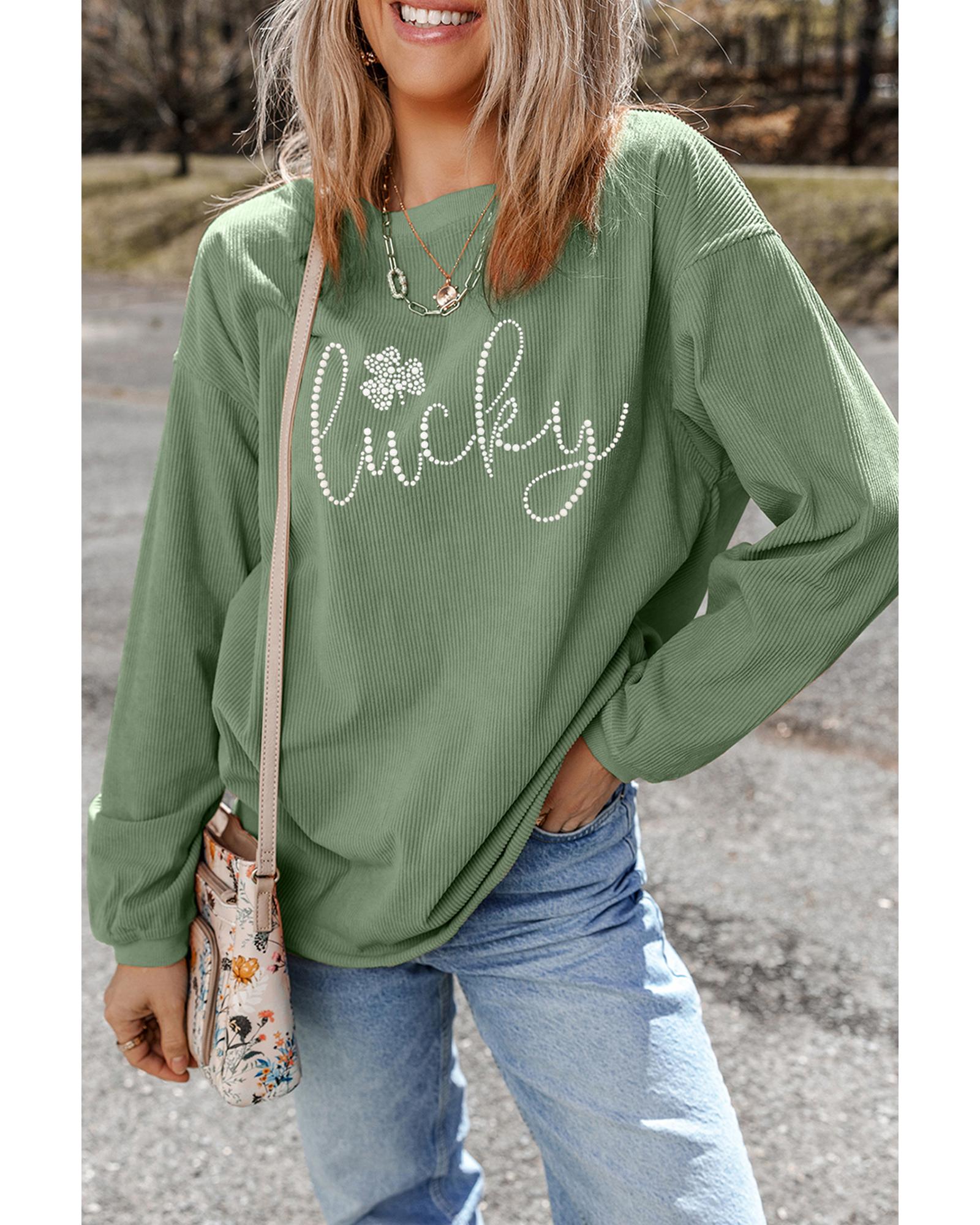 V539-AZEXDC25319325-P1109-S-202506130737-00 Grass Green Rhinestone lucky Clover Graphic Ribbed St Patrick Sweatshirt - S - Image 1
