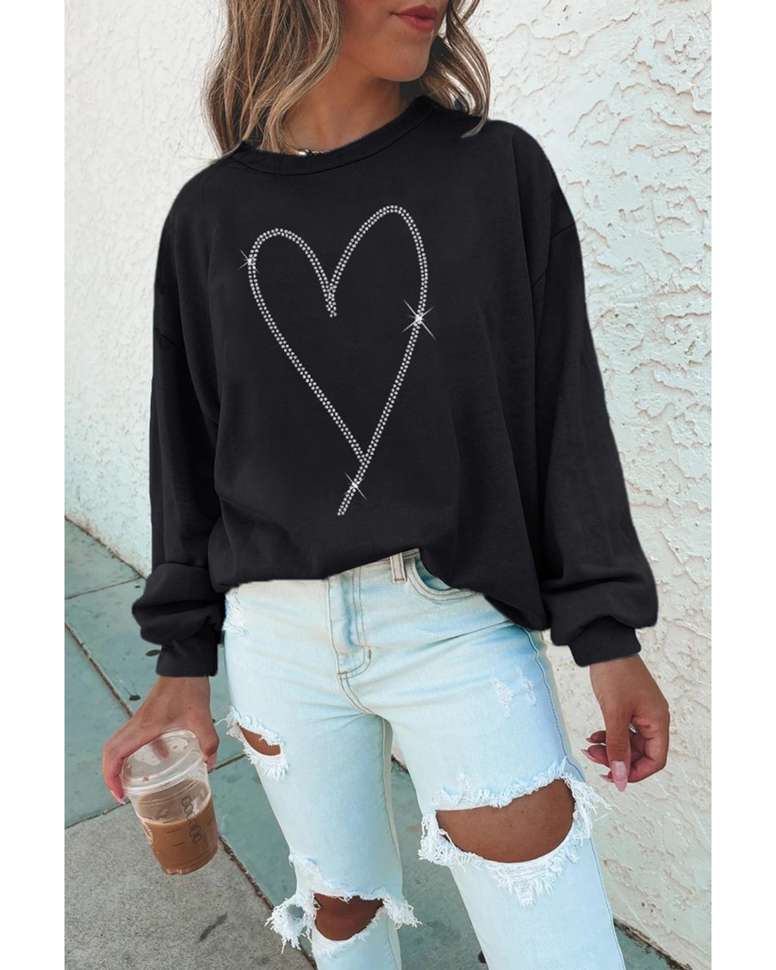 V539-AZEXDC25319331-2-L-202508300650-00 Black Rhinestone Heart Pattern Valentines Fashion Sweatshirt - L - Image 1