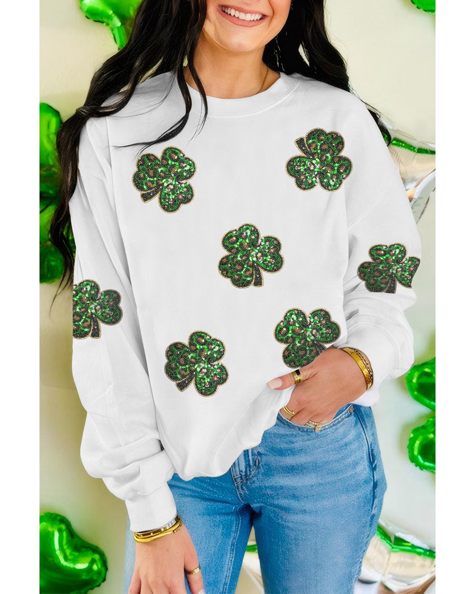 V539-AZEXDC25319406-15-M-202508281035-00 White Sequin Clover Patched Pattern St Patrick Pullover Sweatshirt - M - Image 1