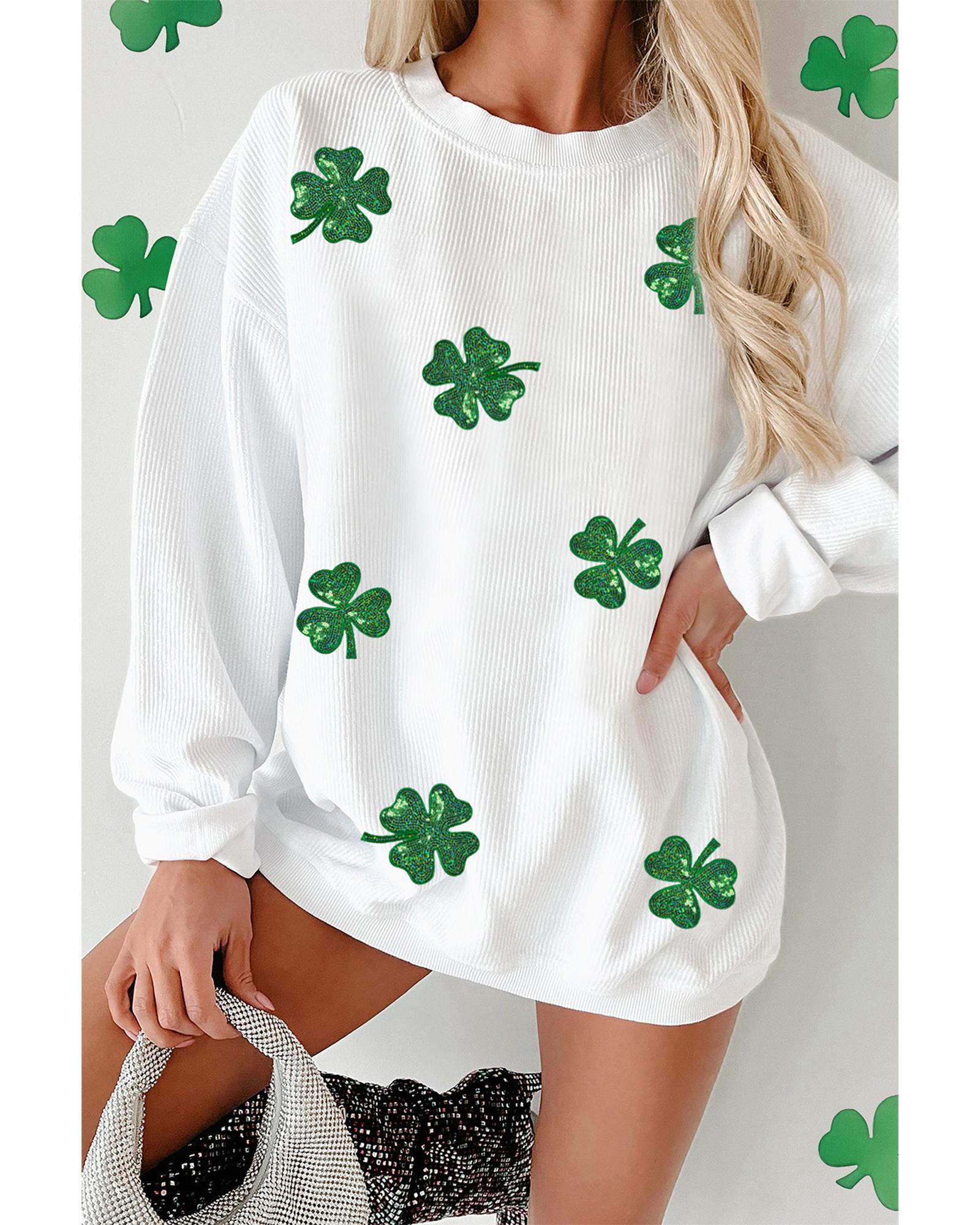 V539-AZEXDC25319437-P1-L-202508300210-00 White Sequin Clover Patched Drop Shoulder Corded Sweatshirt - L - Image 1