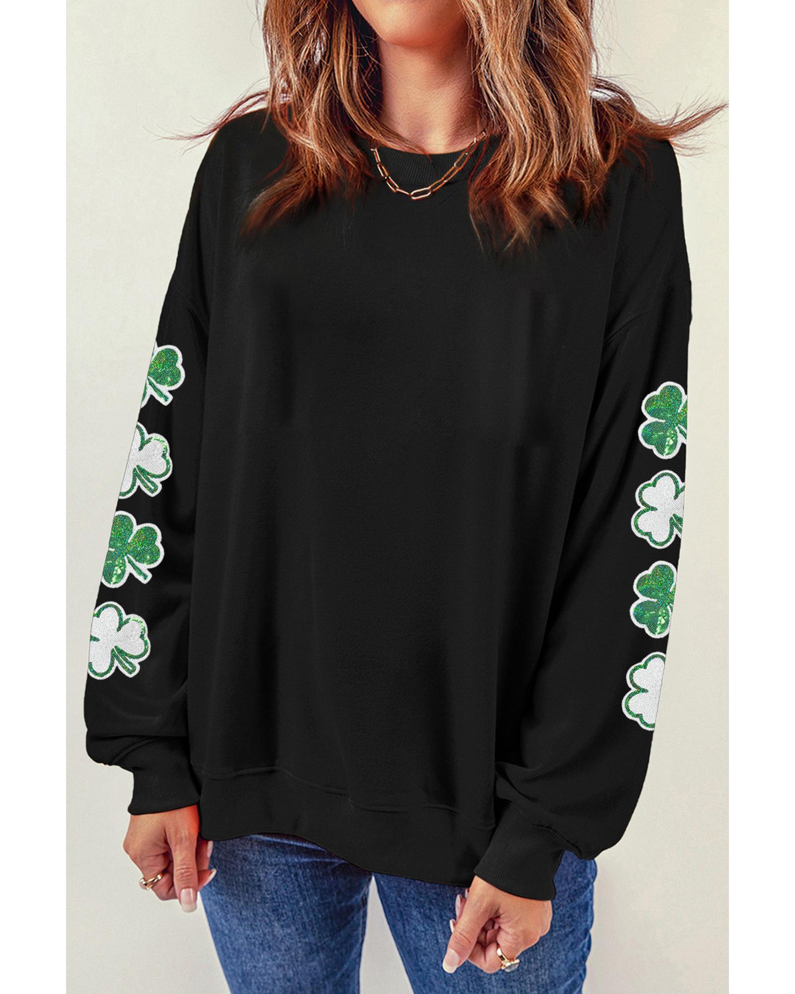 V539-AZEXDC25319439-2-M-202508280655-00 Black Sequin Clover Patched Drop Shoulder Sweatshirt - M - Image 1