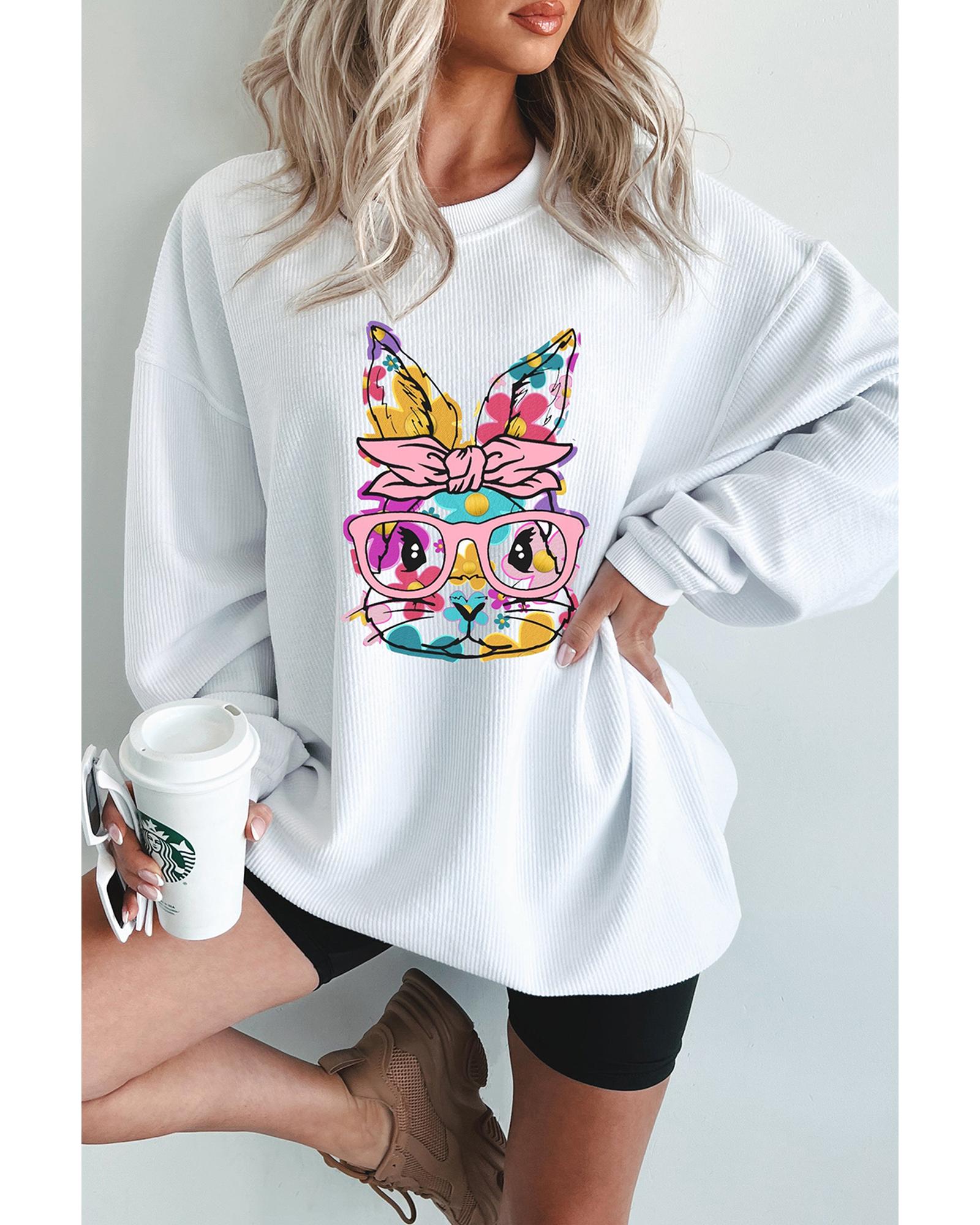 V539-AZEXDC25319448-P1-L-202508291640-00 White Floral Rabbit with Glasses Graphic Corded Easter Sweatshirt - L - Image 1