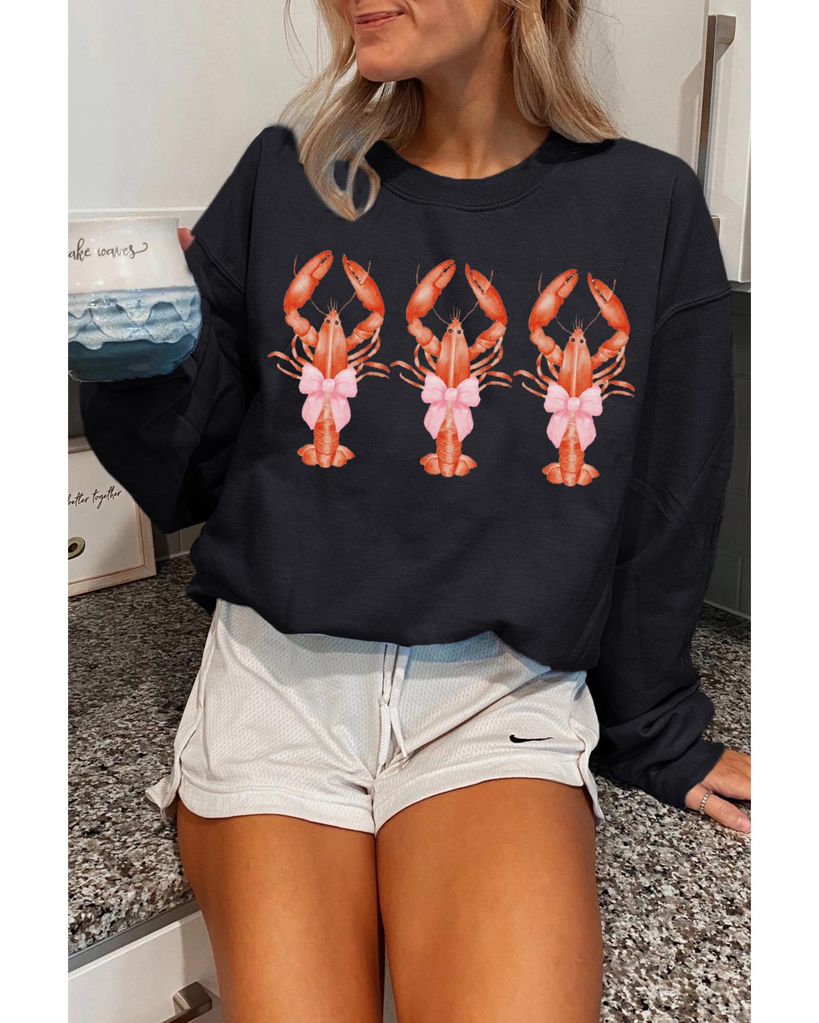 V539-AZEXDC25319461-2-L-202508280245-00 Black Cute Bow Crawfish Printed Drop Shoulder Sweatshirt - L - Image 1