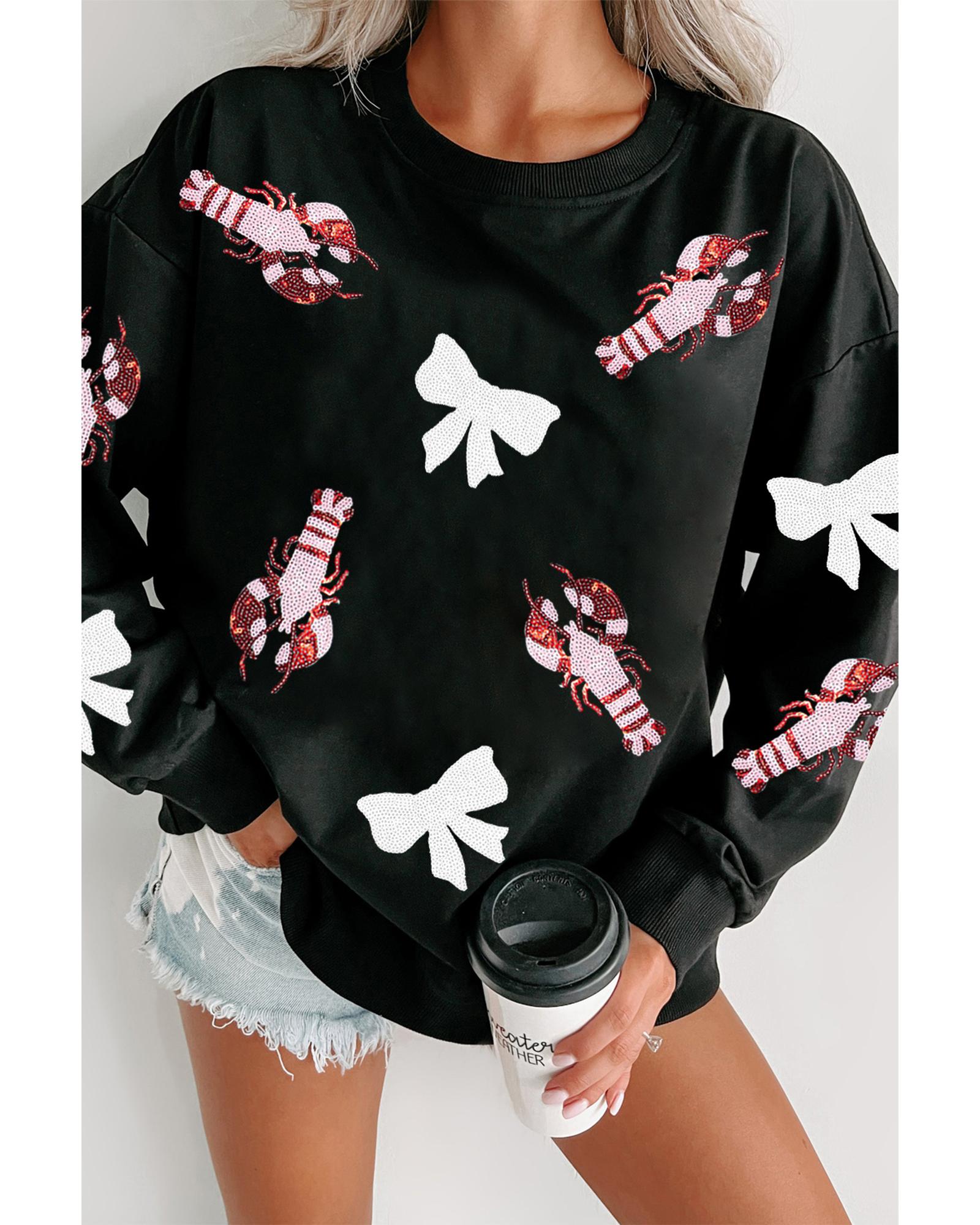 V539-AZEXDC25319463-2-L-202508291515-00 Black Crawfish Bow Sequin Patched Graphic Sweatshirt - L - Image 1