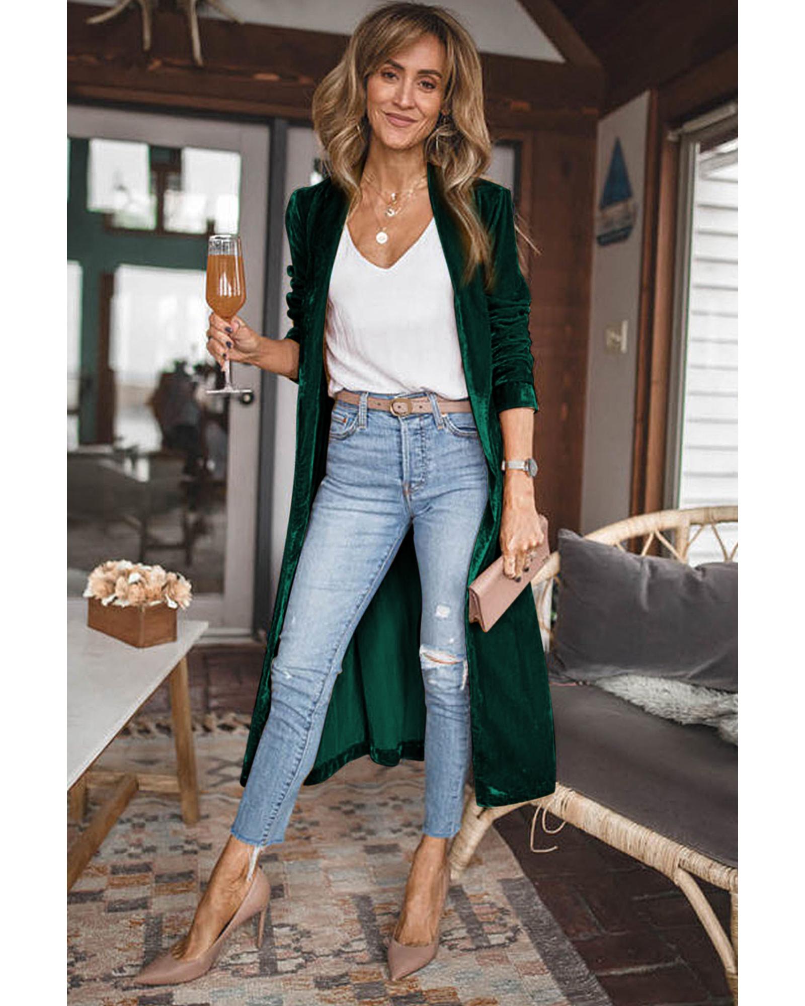 V539-AZEXDC2541539-9-2XL-202508271115-00 Green Velvet Open Front Pocketed Long Duster - 2XL - Image 1