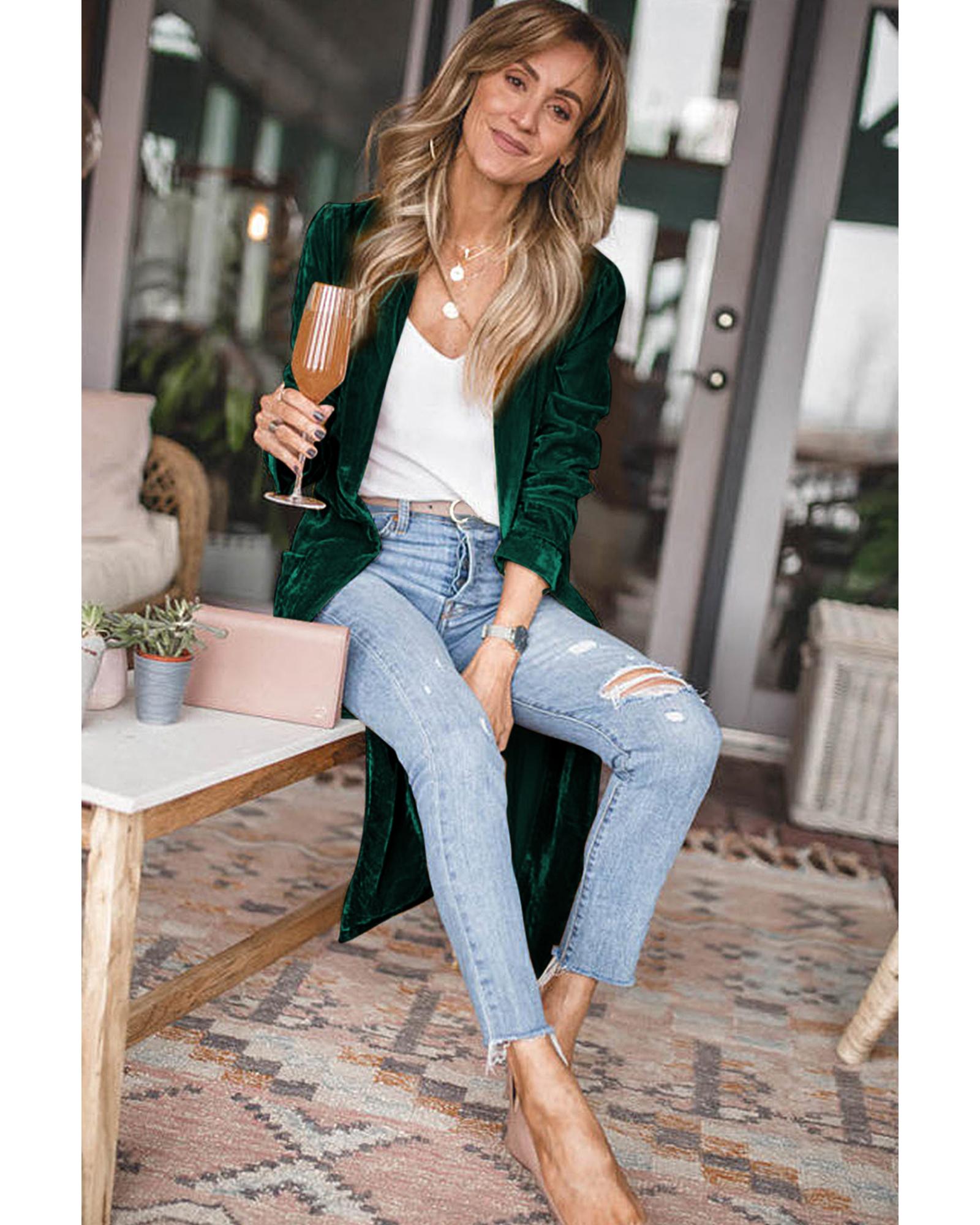 V539-AZEXDC2541539-9-L-202508271315-00 Green Velvet Open Front Pocketed Long Duster - L - Image 1