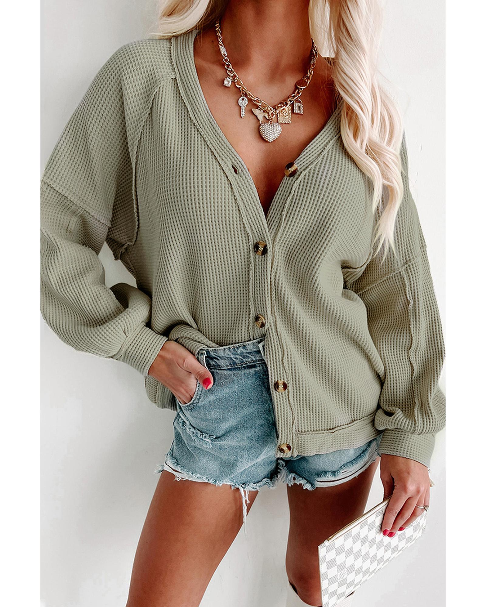 V539-AZEXDC2541905-9-S-202506131120-00 Azura Exchange Green Exposed Seam Buttons Front Waffle Knit Cardigan - S - Image 1
