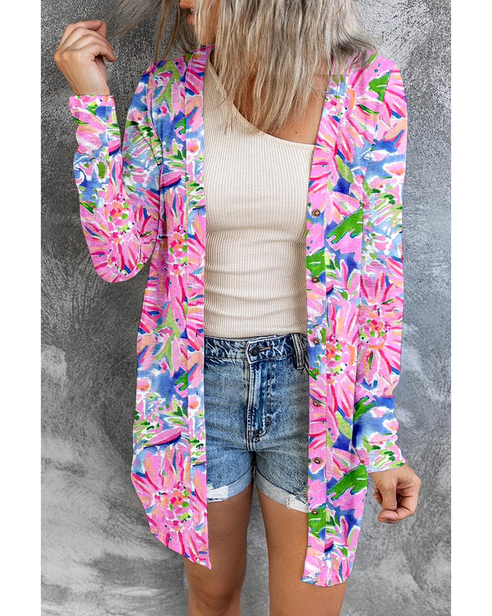 V539-AZEXDC2541907-10-M-202506131125-00 Pink Flower Print Long Sleeve Button Up Cardigan - M - Image 1
