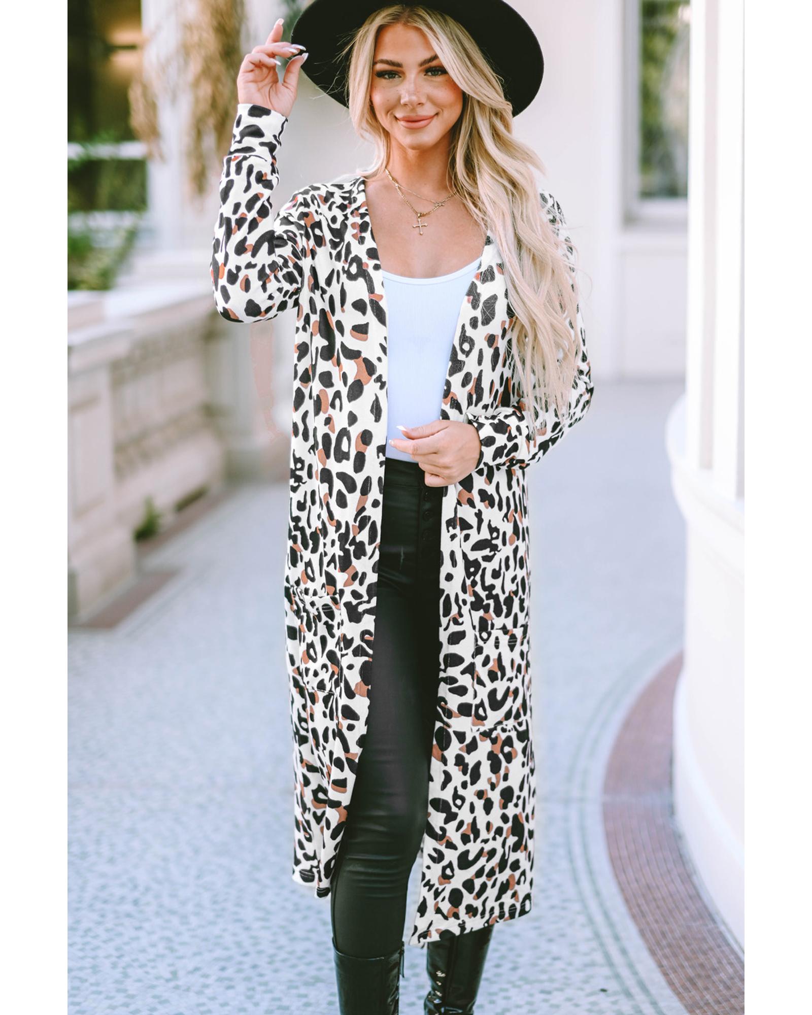 V539-AZEXDC2541969-20-L-202508290040-00 Azura Exchange Leopard Pocketed Open Front Duster Cardigan - L - Image 1
