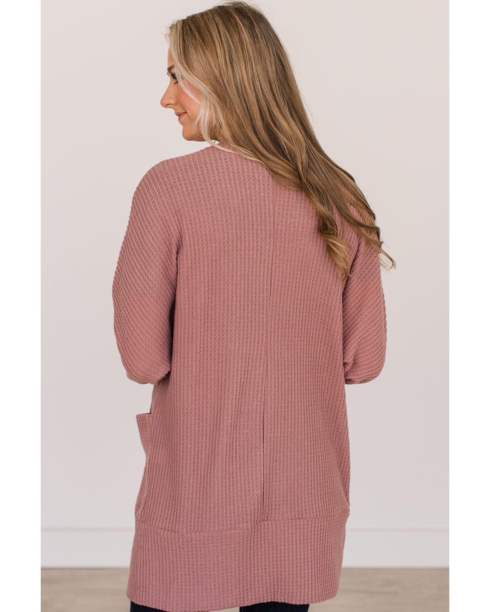 V539-AZEXDC2542489-P303-XL-202508300640-00 Mineral Red Solid Color Waffle Knit Cardigan with Pocket - XL - Image 1