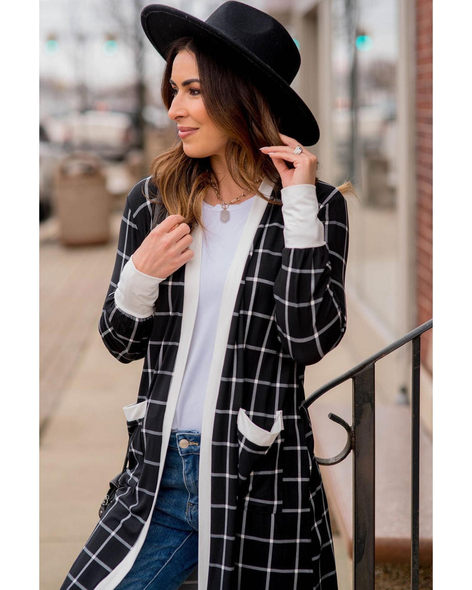 V539-AZEXDC2542503-P220-XL-202508281220-00 Black Plaid Colorblock Edge Open Cardigan with Pocket - XL - Image 1