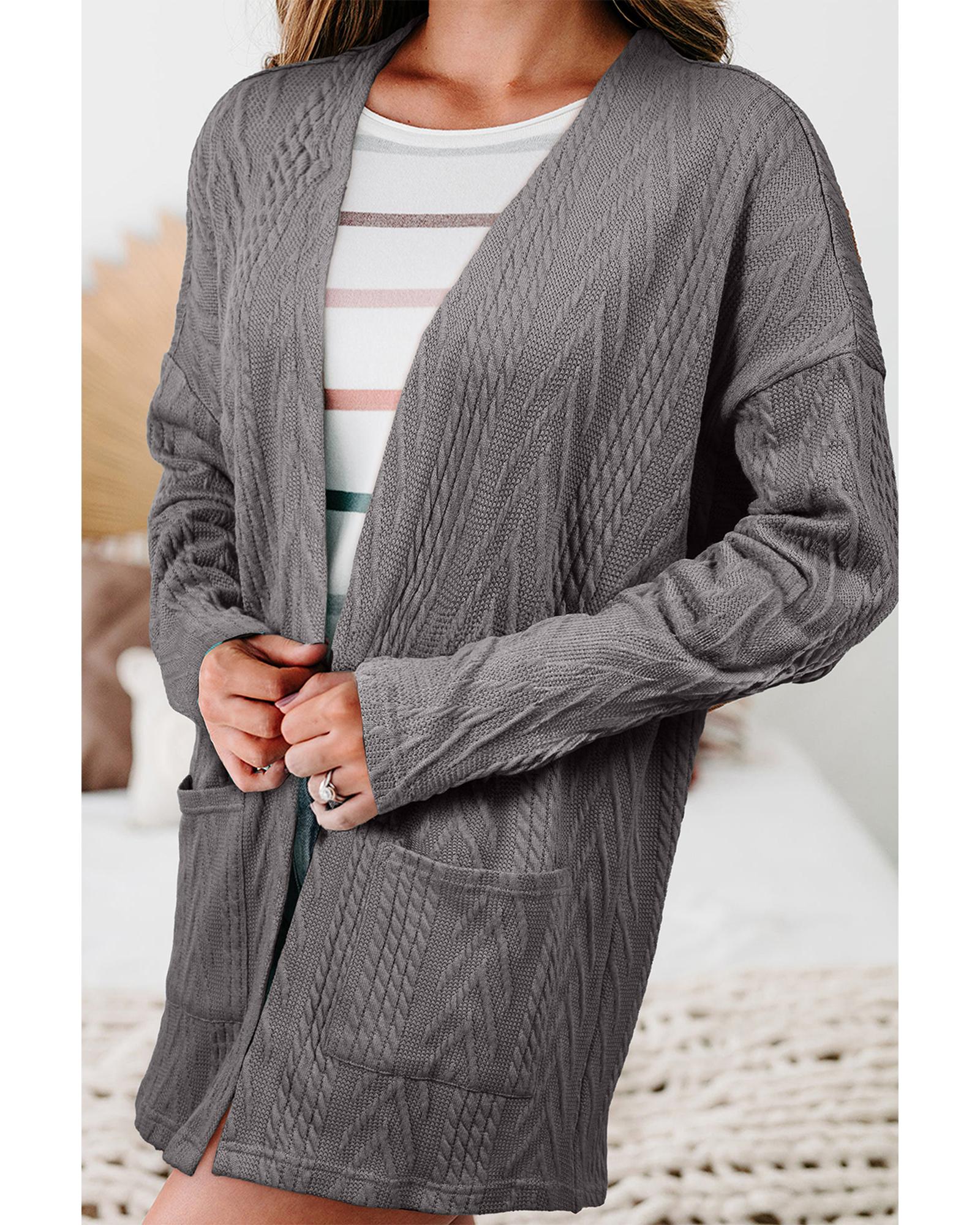 V539-AZEXDC2542505-P3011-L-202508300040-00 Medium Grey Solid Textured Open Front Cardigan with Pocket - L - Image 1