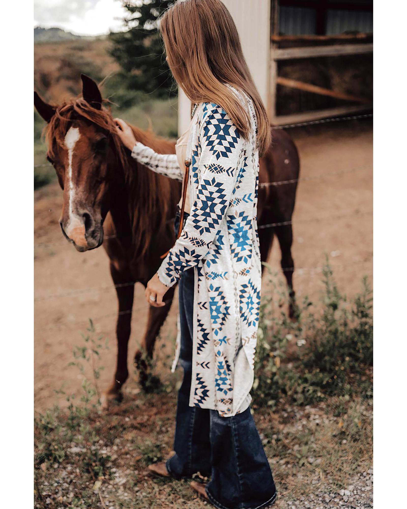 V539-AZEXDC2542552-P420-L-202508291420-00 Sky Blue Western Aztec Printed Open Front Long Cardigan - L - Image 1