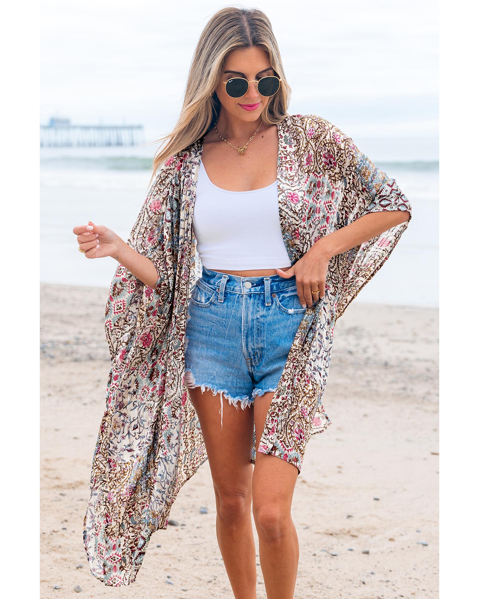 V539-AZEXDC2542678-P1820-202506130917-00 Apricot Floral Print Short Wide Sleeve Open Front Loose Kimono - One Size - Image 1