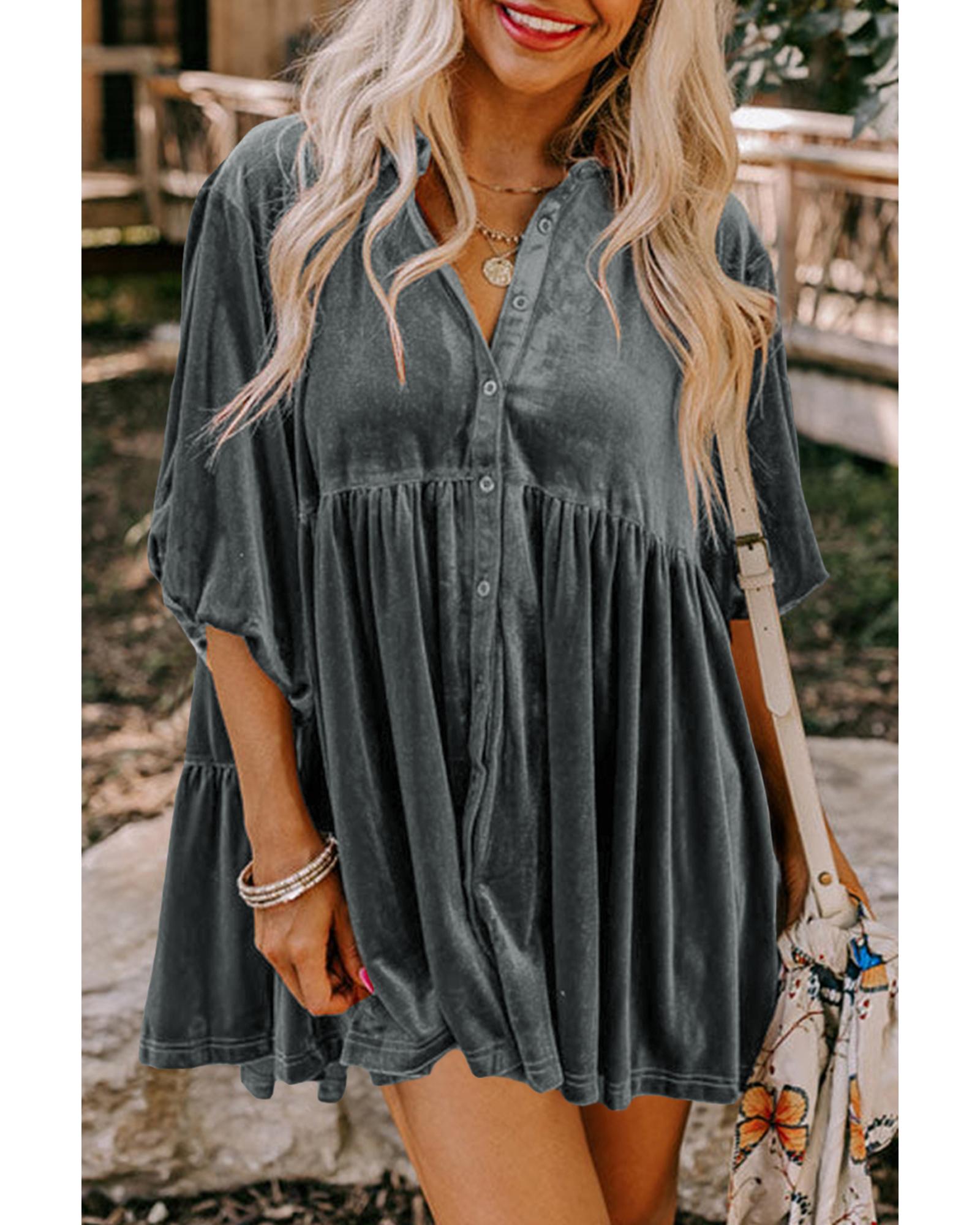 V539-AZEXDC2554263-P2011-L-202506191745-00 Azura Exchange Dark Grey 3/4 Sleeve Tunic Babydoll Velvet Shirt - L - Image 1