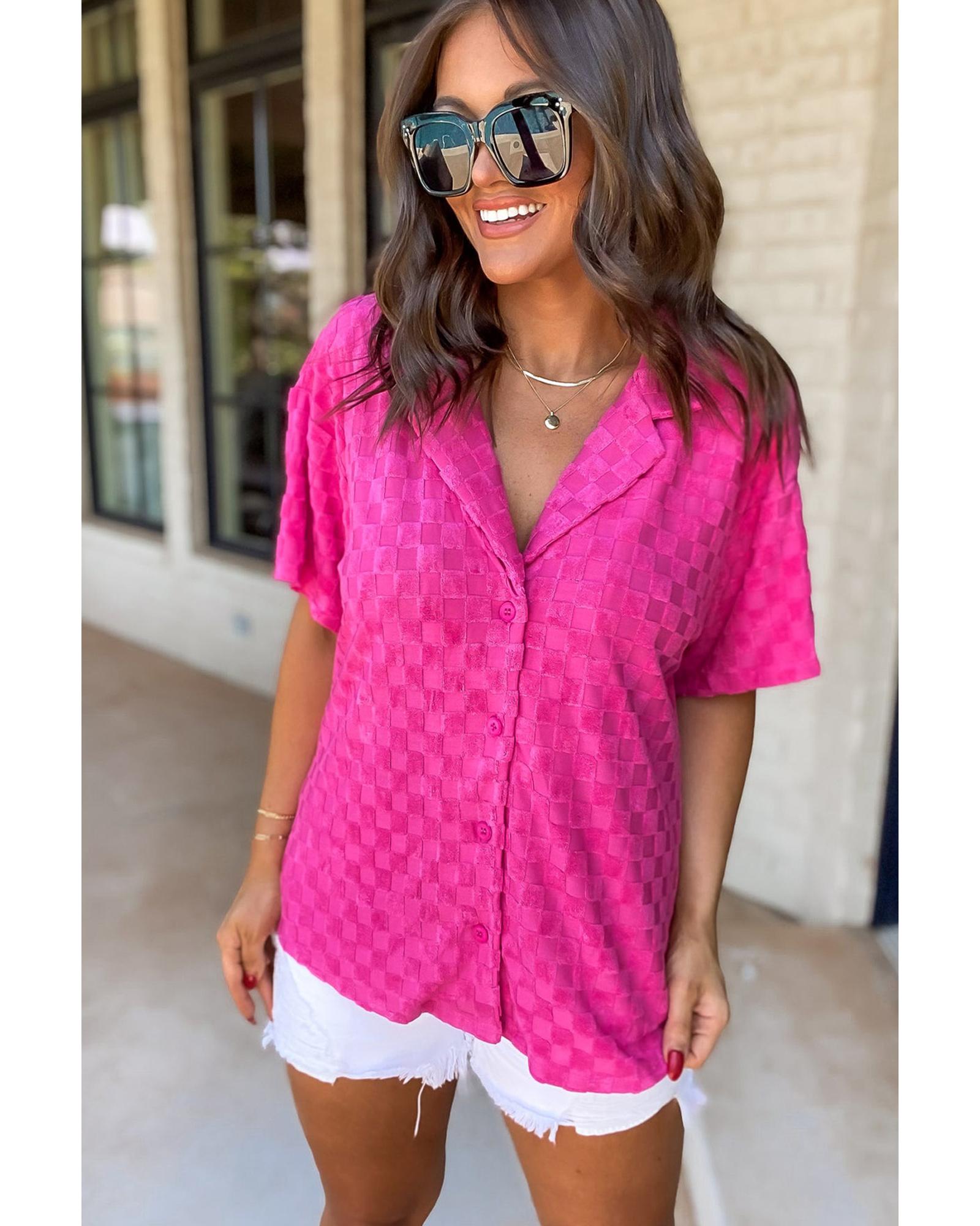 V539-AZEXDC2554539-P106-M-202508300640-00 Bright Pink Lapel Neck Checkered Textured Short Sleeve Shirt - M - Image 1
