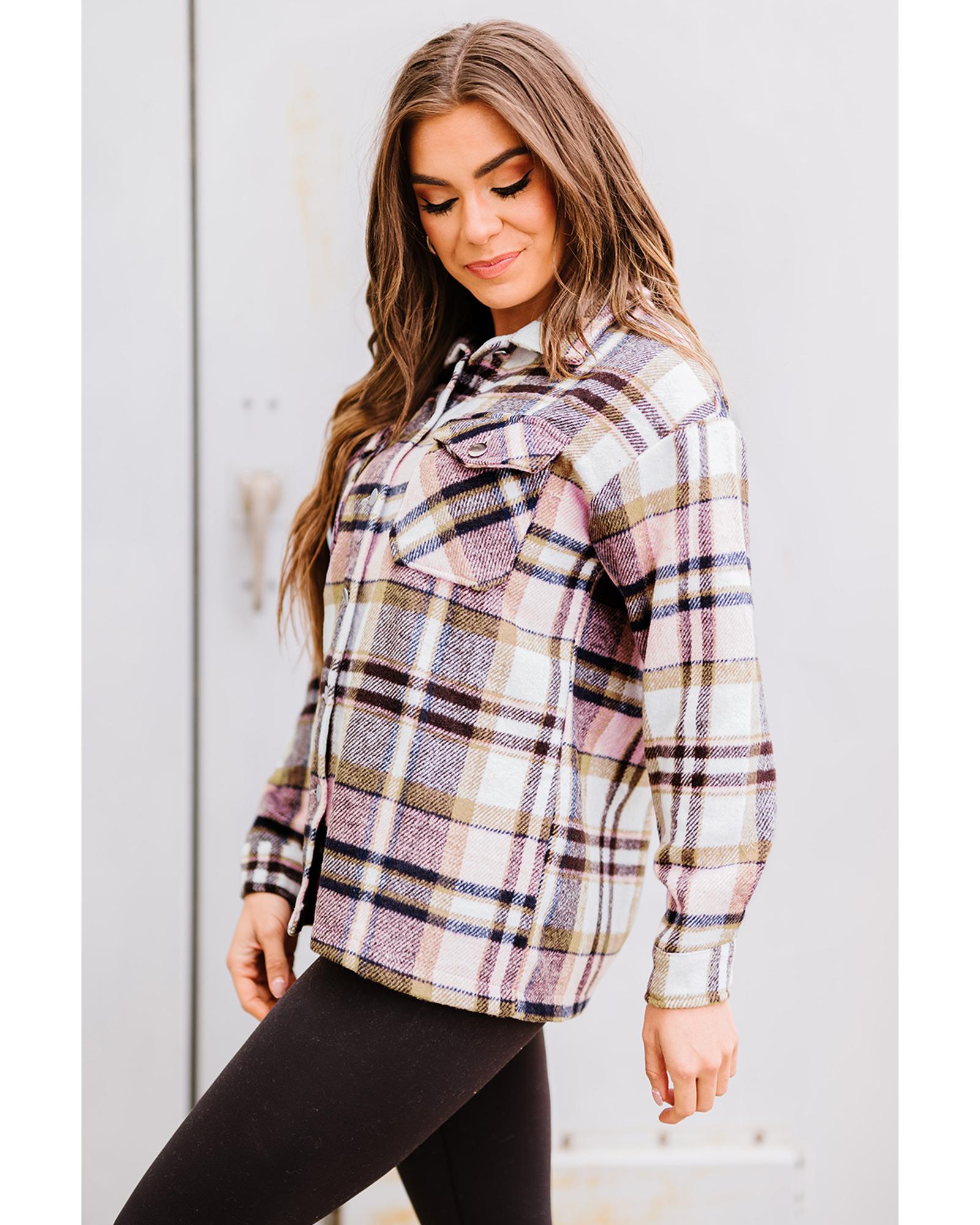 V539-AZEXDC255462-10-L-202508291400-00 Azura Exchange Pink Geometric Plaid Print Pocketed Shacket - L - Image 1