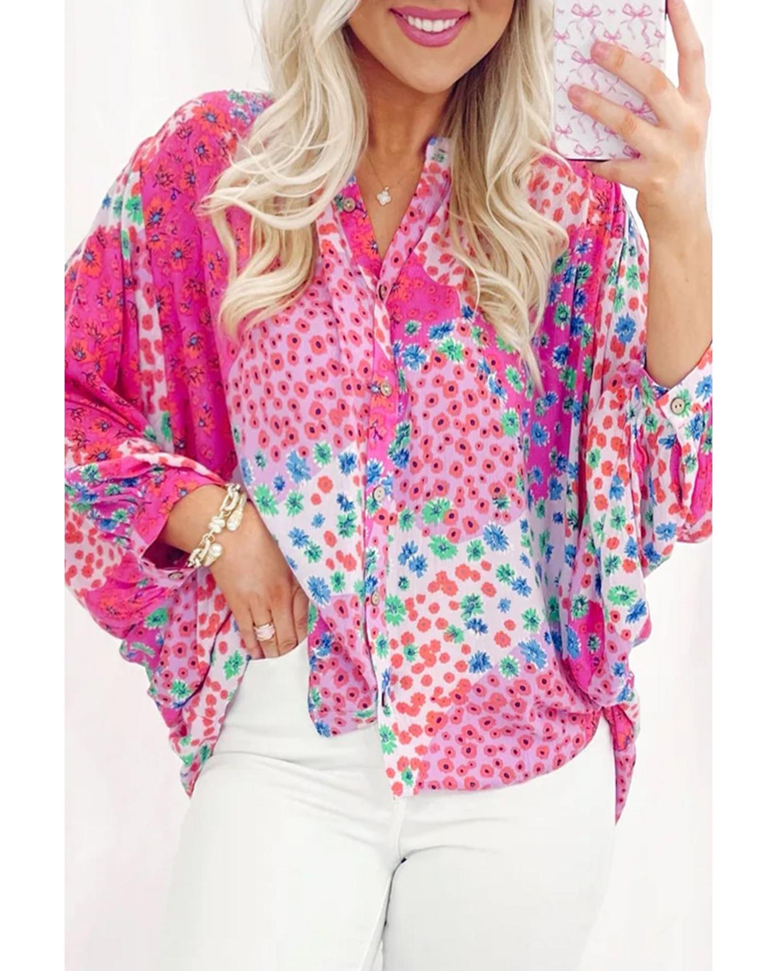 V539-AZEXDC2554921-P6-M-202508271300-00 Rose Red Floral Allover Print Buttoned V Neck Oversized Shirt - M - Image 1