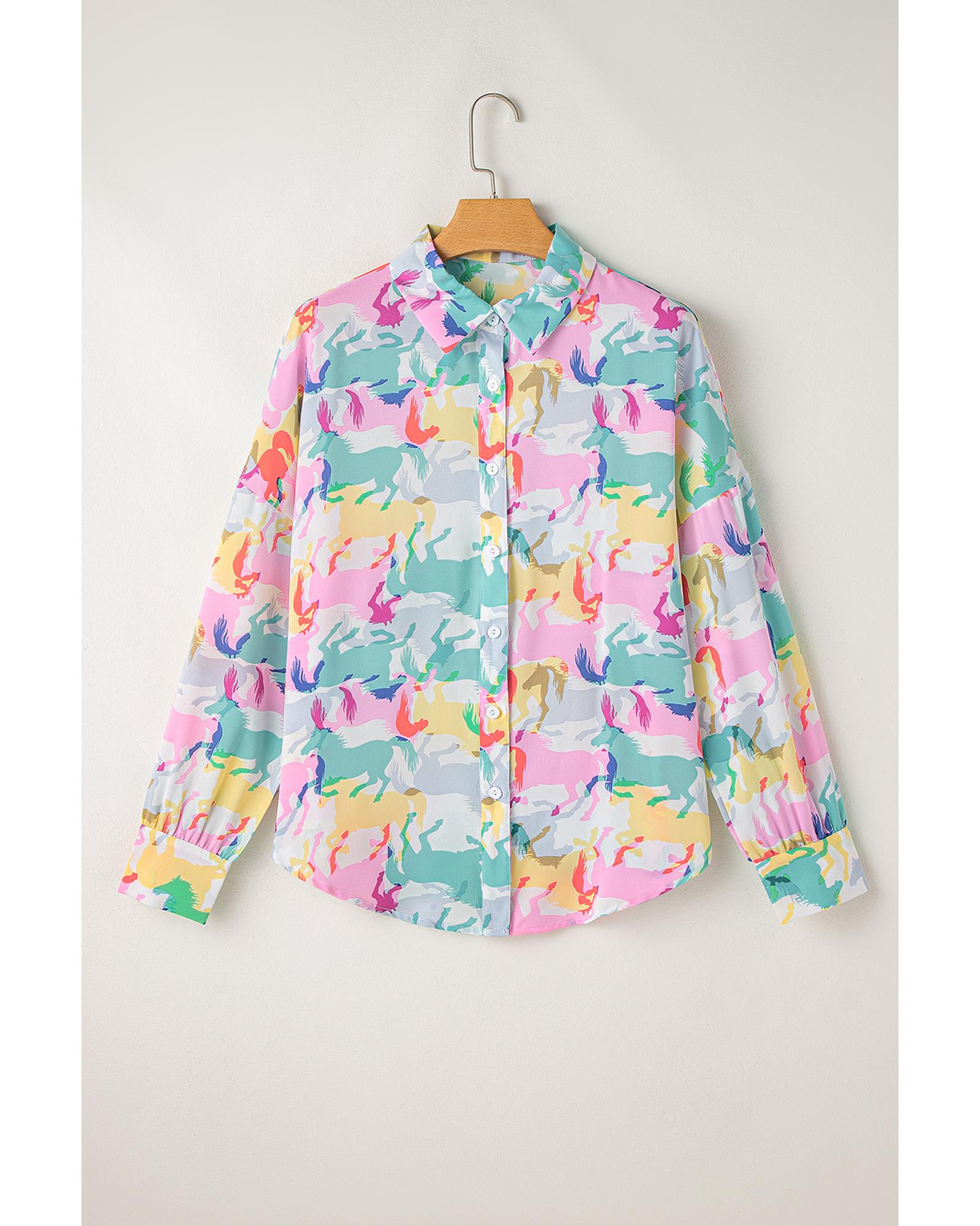 V539-AZEXDC2555362-P122-S-202506131640-00 White Colorful Horse Printed Long Sleeve Button Up Casual Shirt - S - Image 1
