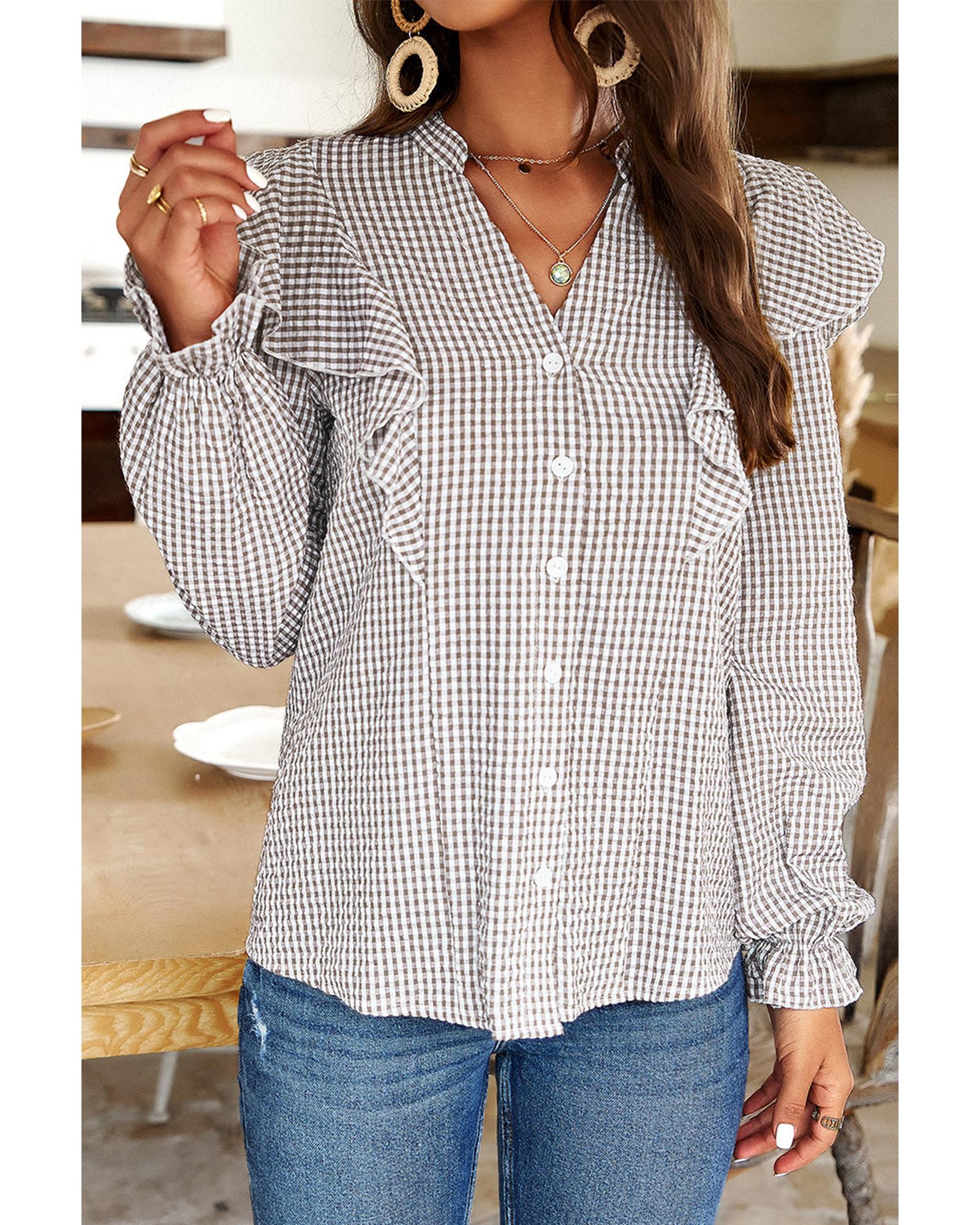 V539-AZEXDC2555363-P1720-XL-202508291900-00 Brown Plaid Flounce Sleeve Notched Neck Ruffled Shirt - XL - Image 1