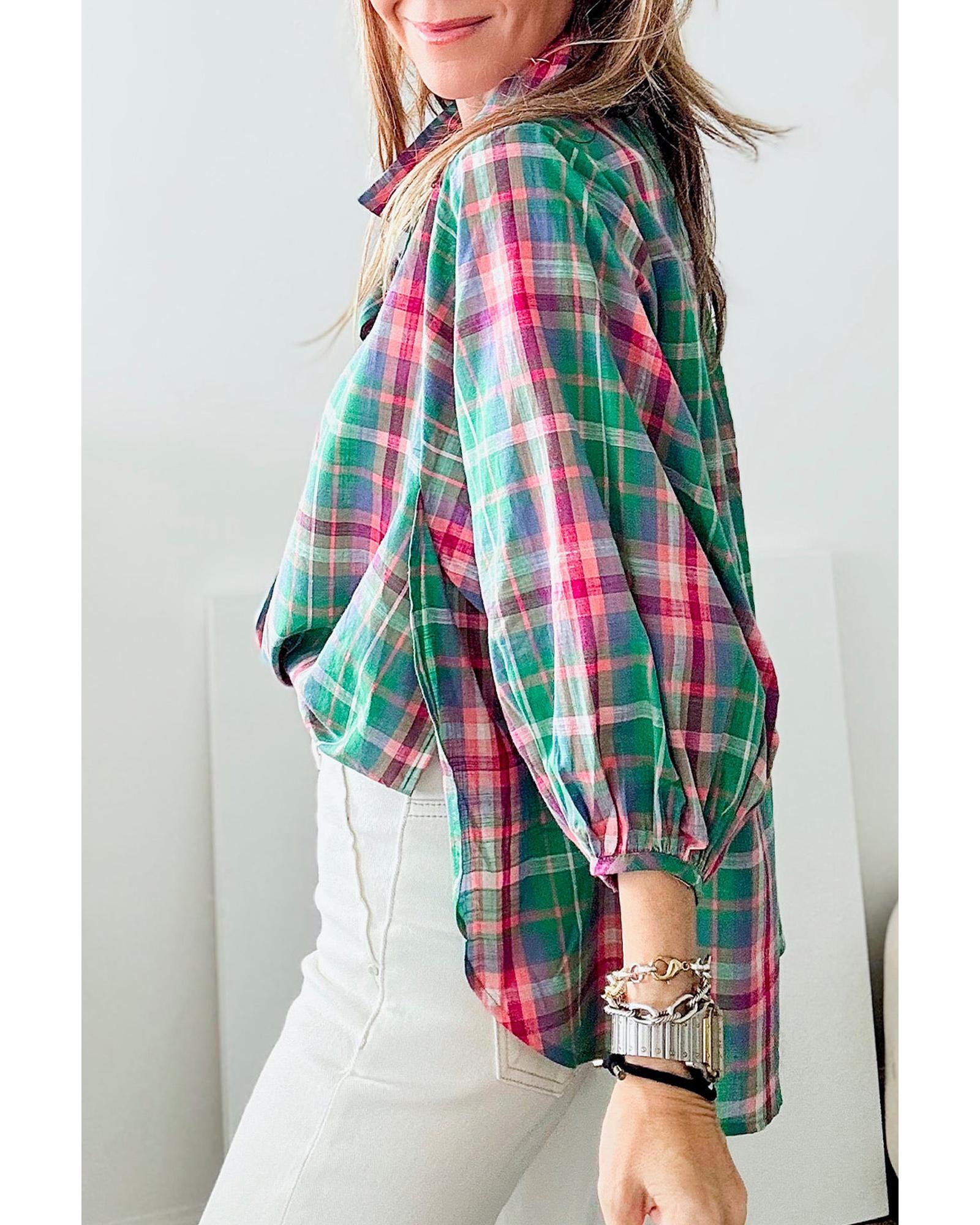 V539-AZEXDC2555366-P922-XL-202508280125-00 Green Checkered 3/4 Sleeve Collared Loose Fit Shirt - XL - Image 1