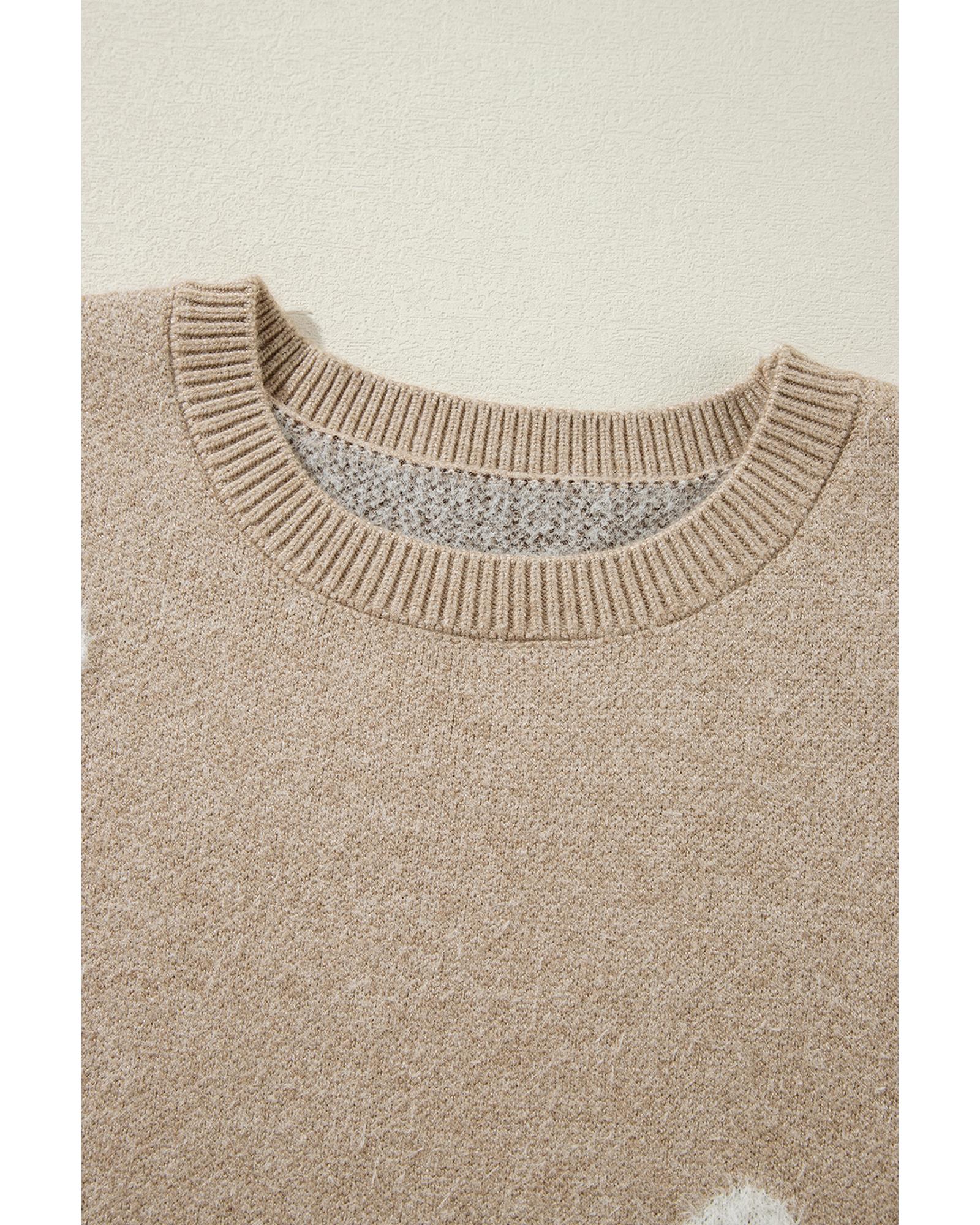 V539-AZEXDC2555394-P6016-L-202508280340-00 Parchment Flower Pattern Ribbed Trim Crew Neck Sweater - L - Image 1