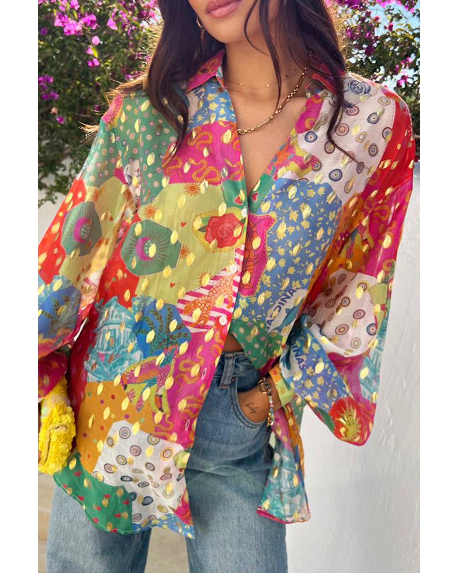 V539-AZEXDC2555420-P622-M-202508290020-00 Rose Red Colorblock Abstract Print Button up Loose Shirt - M - Image 1