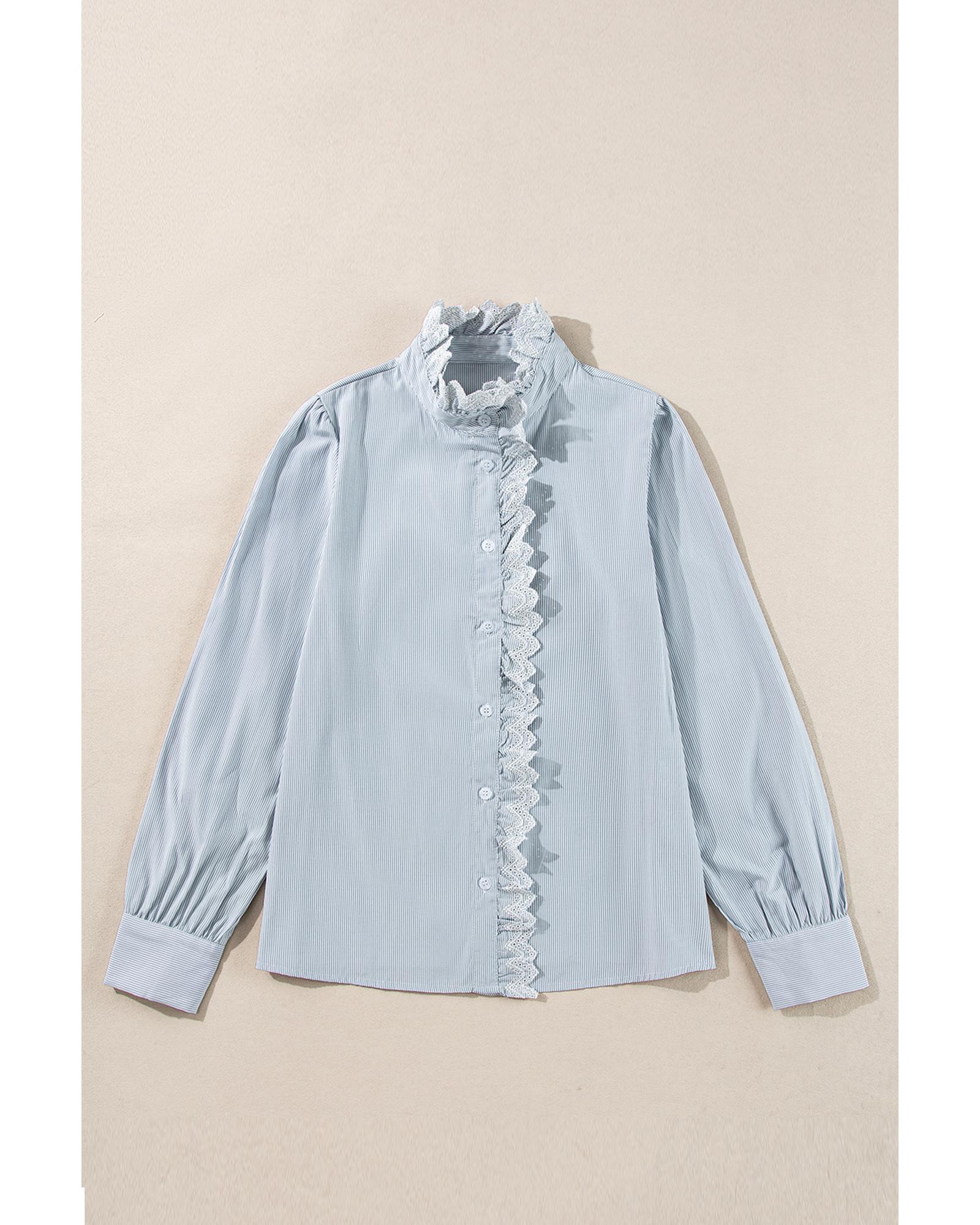 V539-AZEXDC2555599-P419-XL-202508282325-00 Sky Blue Stripe Frilled Trim Button Up Long Sleeve Shirt - XL - Image 1