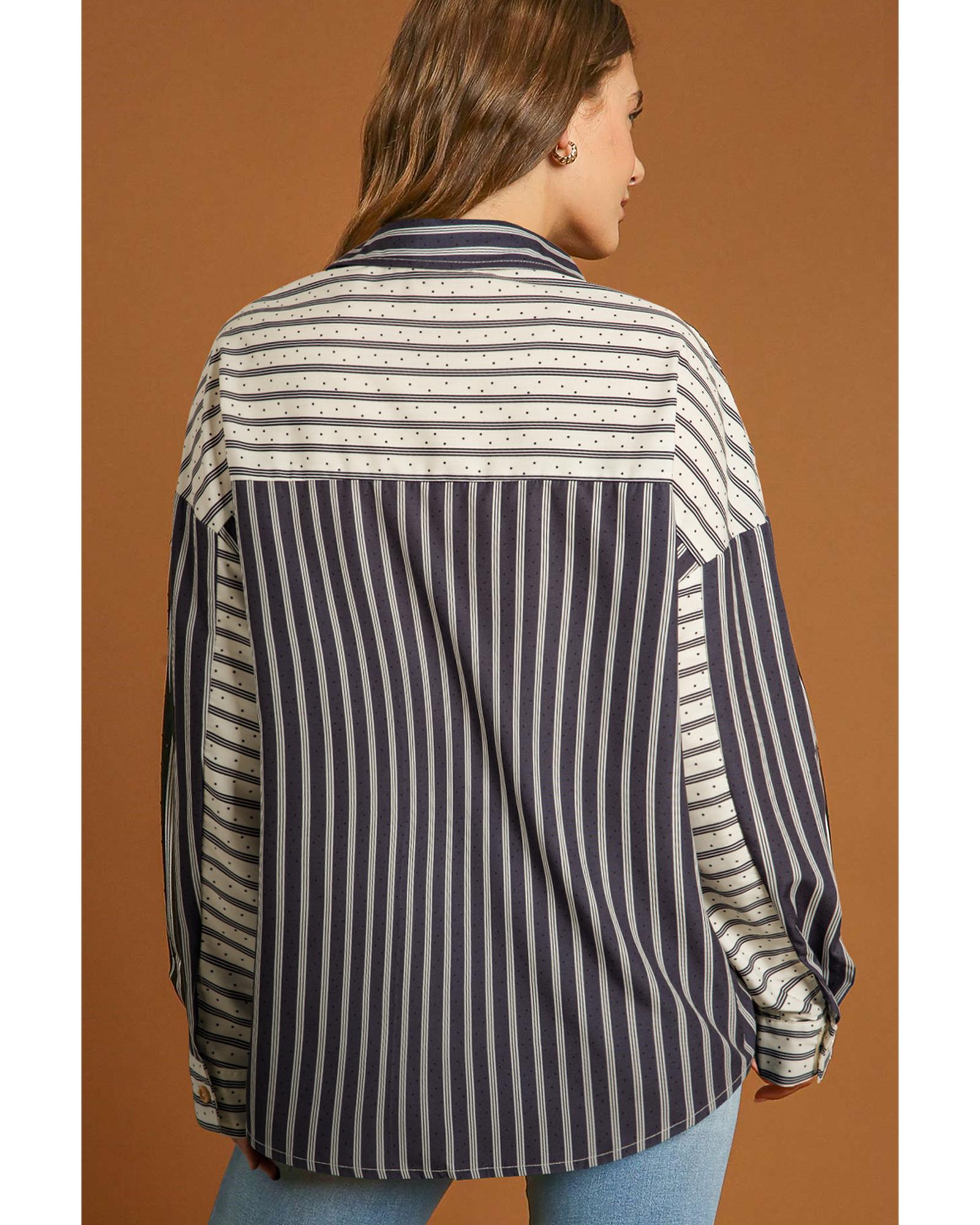 V539-AZEXDC2555681-P219-S-202506131311-00 Black Stripe 2-tone Patchwork Half Buttons Chest Pockets Casual Blouse - S - Image 1