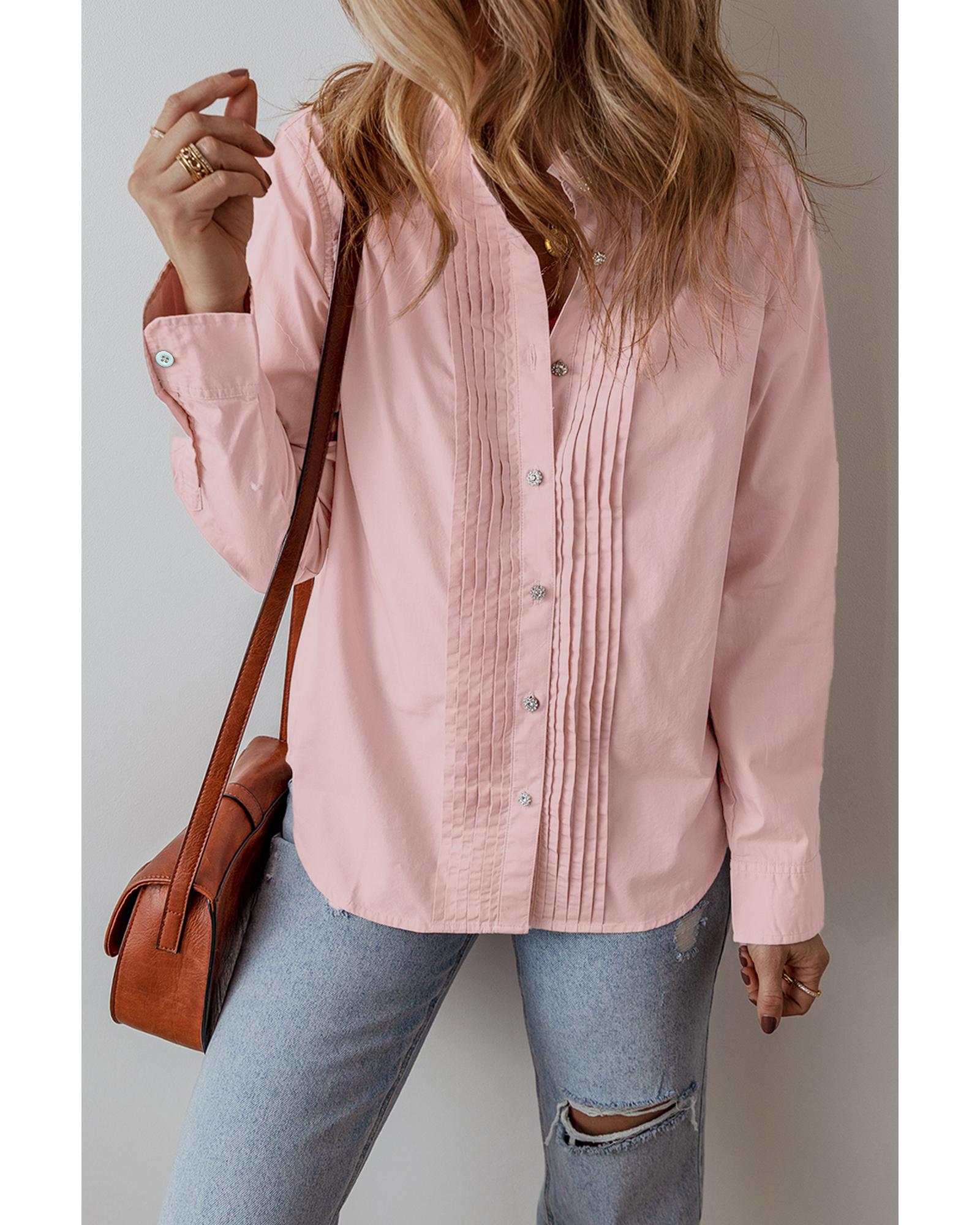 V539-AZEXDC2555754-P1010-M-202508281220-00 Light Pink Pleated Button-Up Loose Fit Casual Shirt - M - Image 1