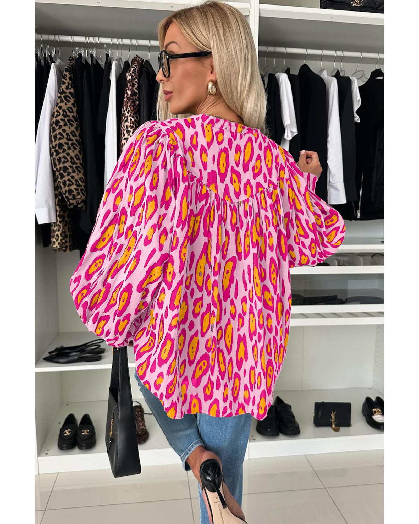 V539-AZEXDC2555762-P6-S-202506131346-00 Rose Red Oversized Leopard Print Balloon Sleeve Casual Shirt - S - Image 1