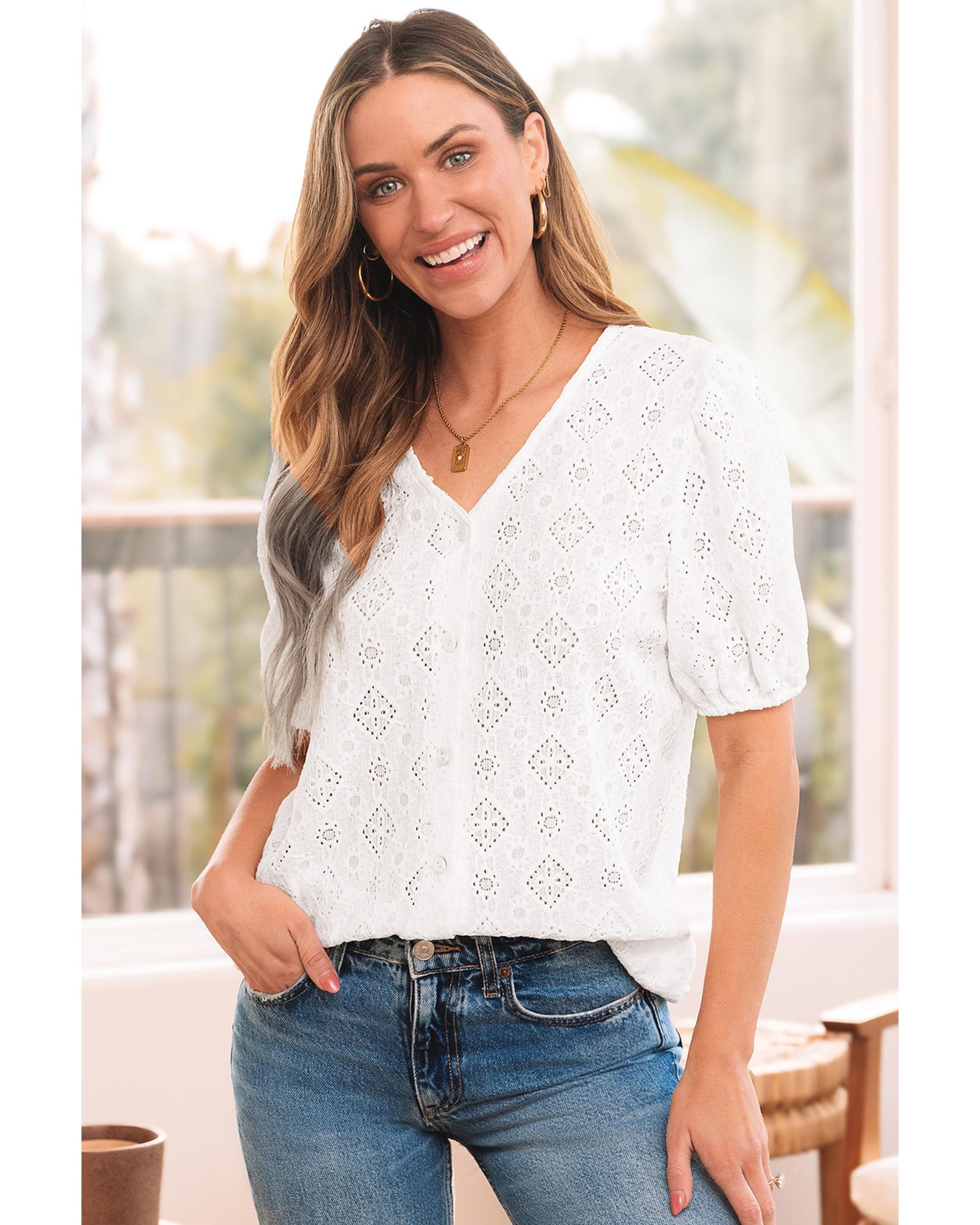 V539-AZEXDC2555821-P1-S-202506131416-00 White Lace Puff Sleeve V Neck Button Up Shirt - S - Image 1