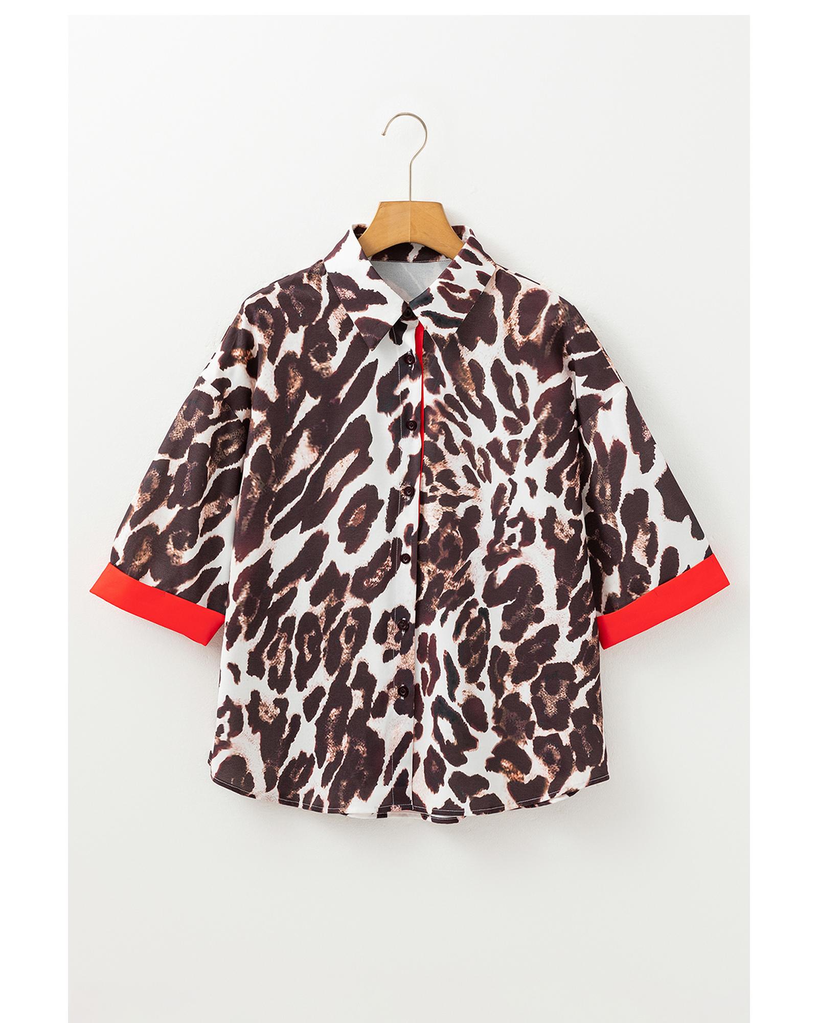 V539-AZEXDC2555999-P5017-M-202508281110-00 Dark Brown Contrast Trim Patchwork Leopard Print Half Sleeve Shirt - M - Image 1
